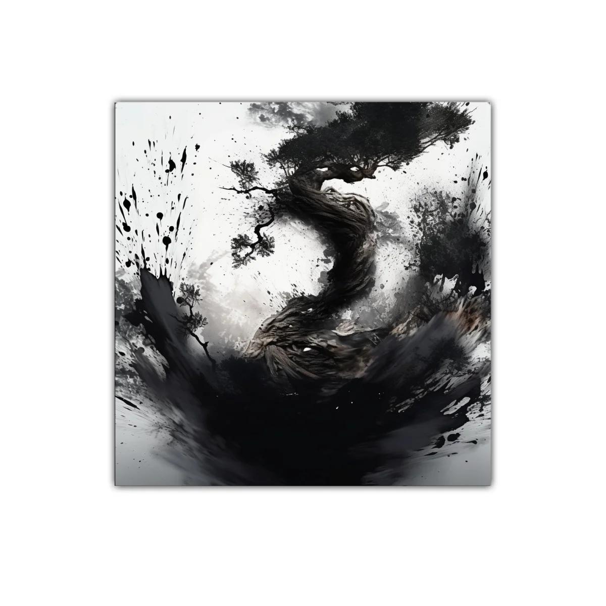 Cuadro abstracto con árbol retorcido en tonos monocromáticos