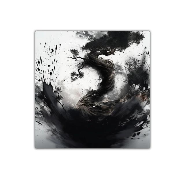 Cuadro abstracto con árbol retorcido en tonos monocromáticos