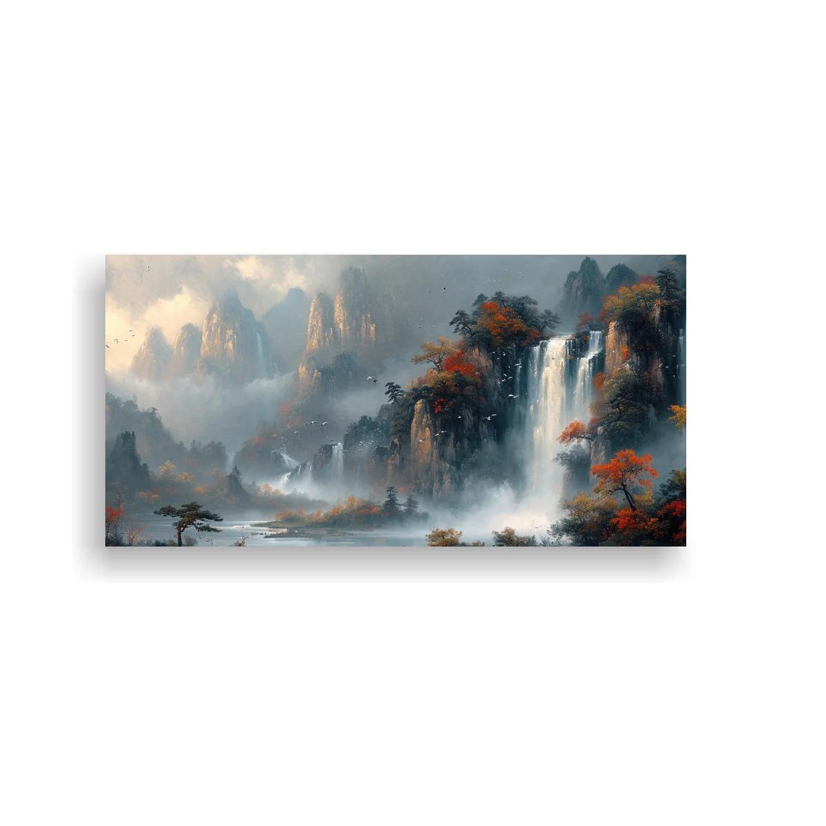 Cuadro cascada entre montañas con bruma y acantilados rojizos — imagen principal