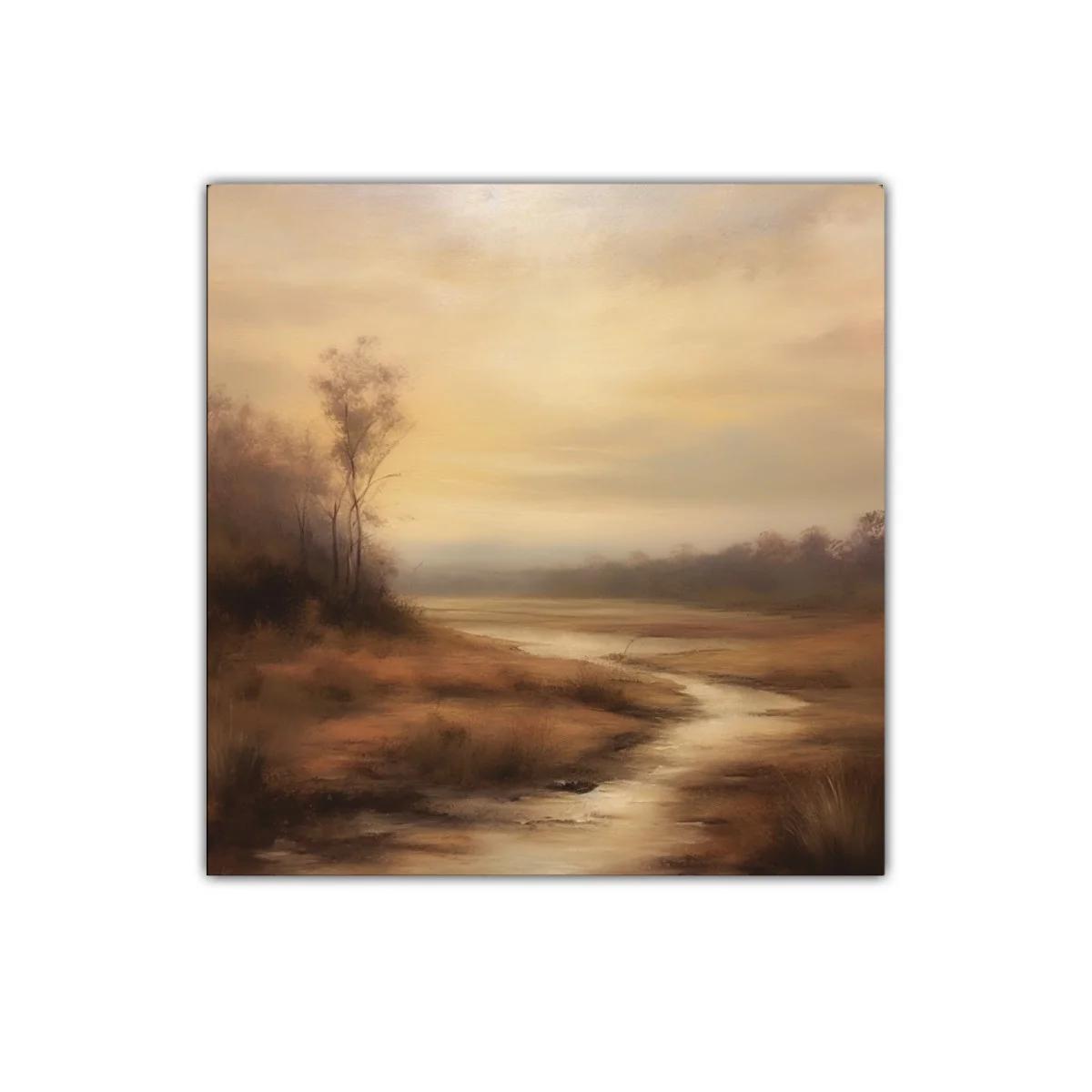 Paisaje sereno con río y tonos cálidos al atardecer — imagen principal