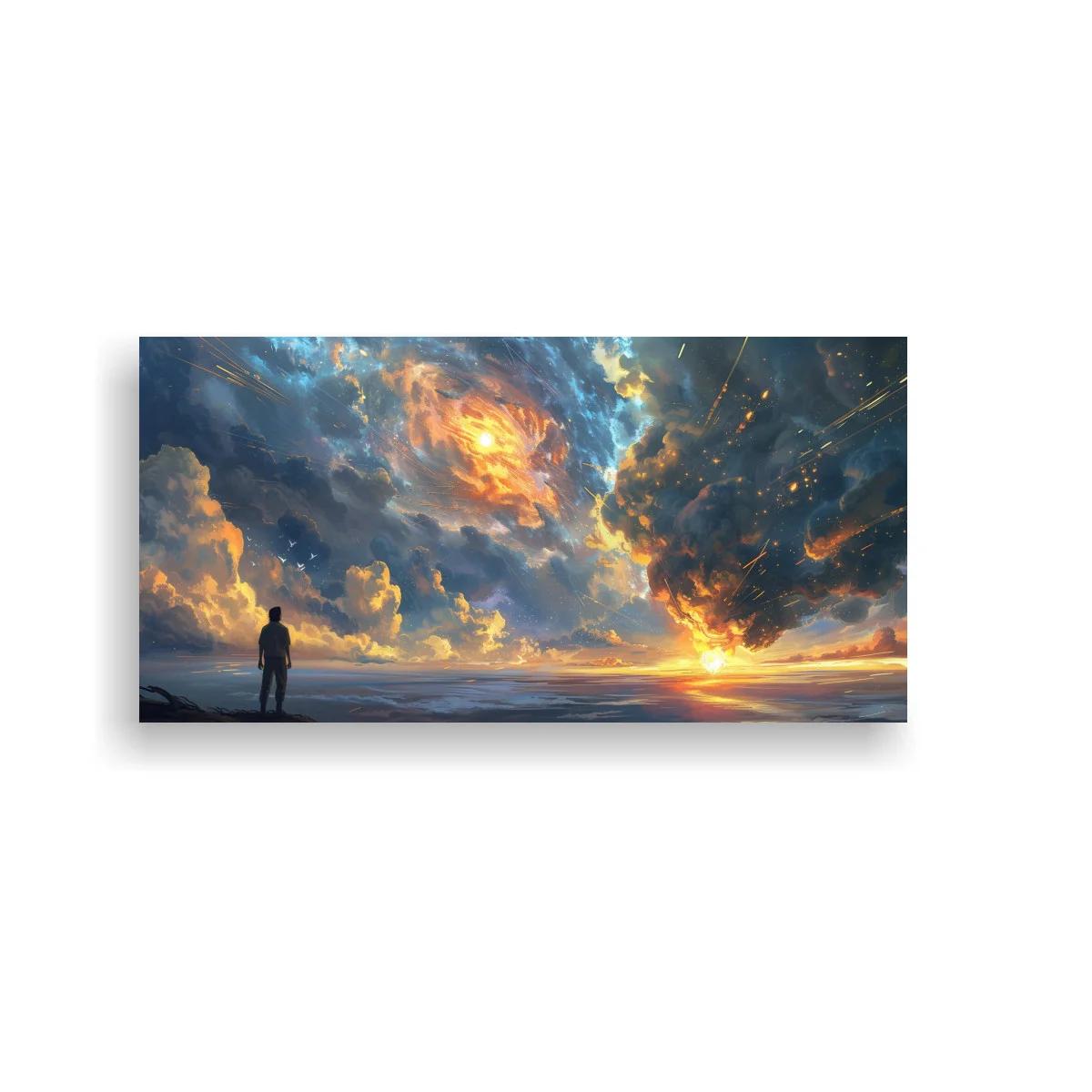 Cuadro cielo dramático al atardecer con silueta solitaria