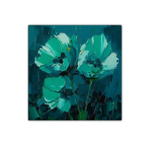 Cuadro floral pintura moderna en tonos verdes y azules