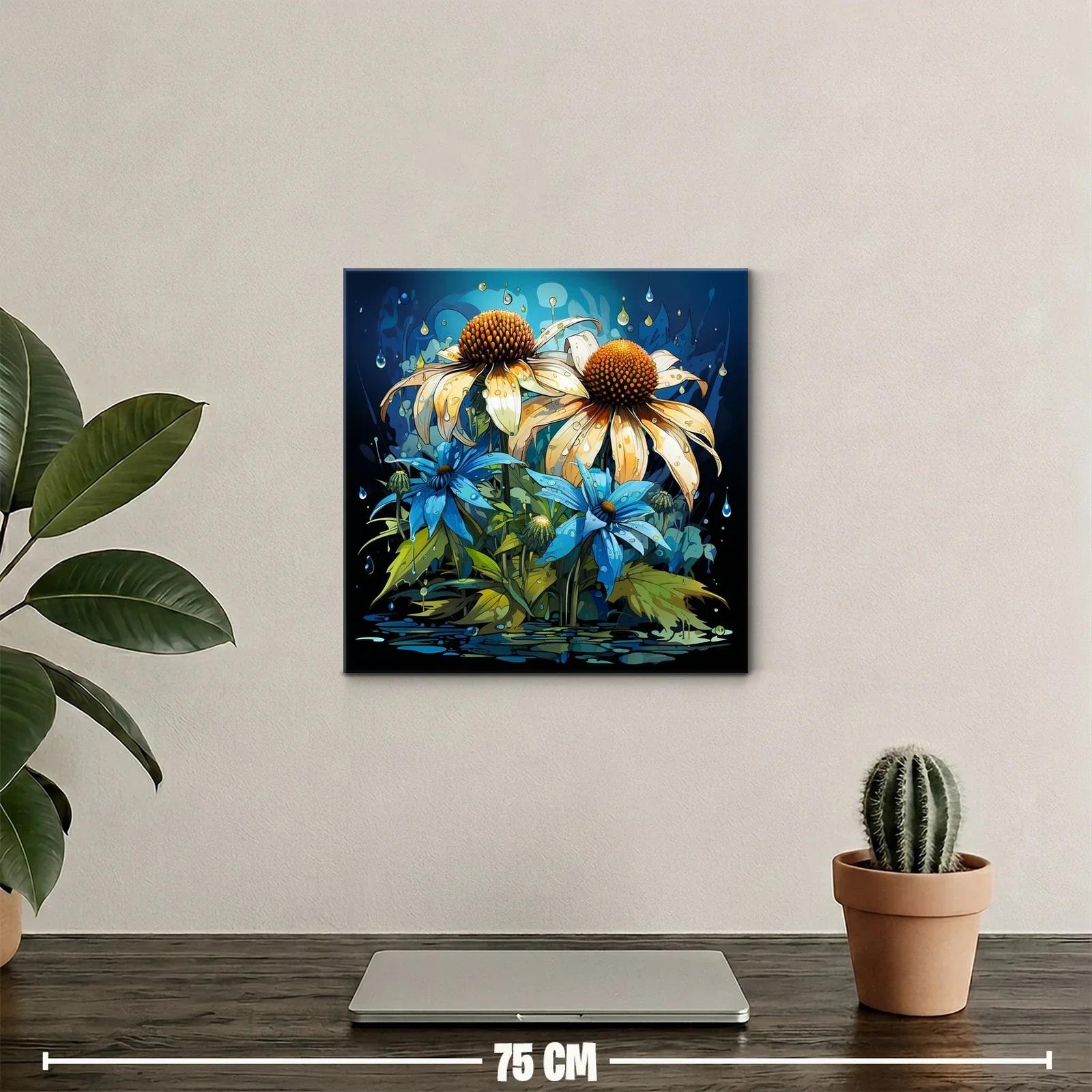 Flores vibrantes con gotas sobre fondo azul oscuro — miniatura 2