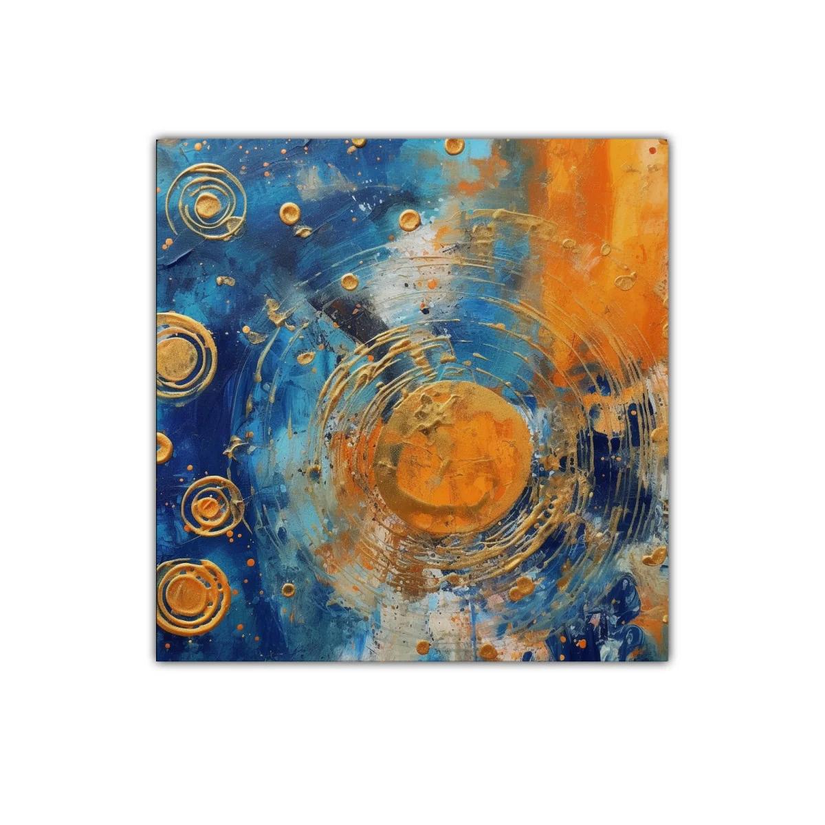 Cuadro abstracto con círculos dorados y contraste azul naranja — imagen principal