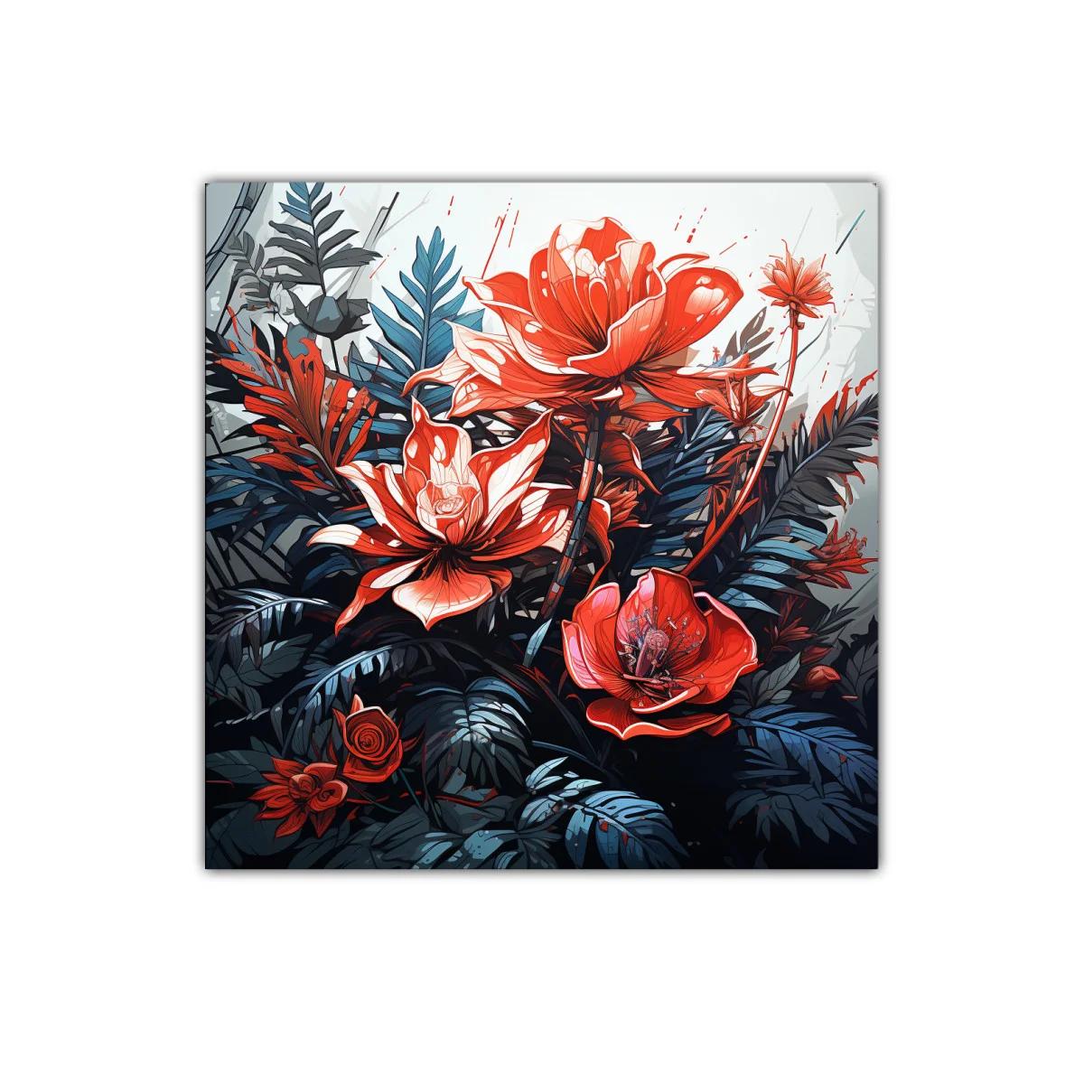 Cuadro vibrante con flores rojas y hojas azuladas — imagen principal