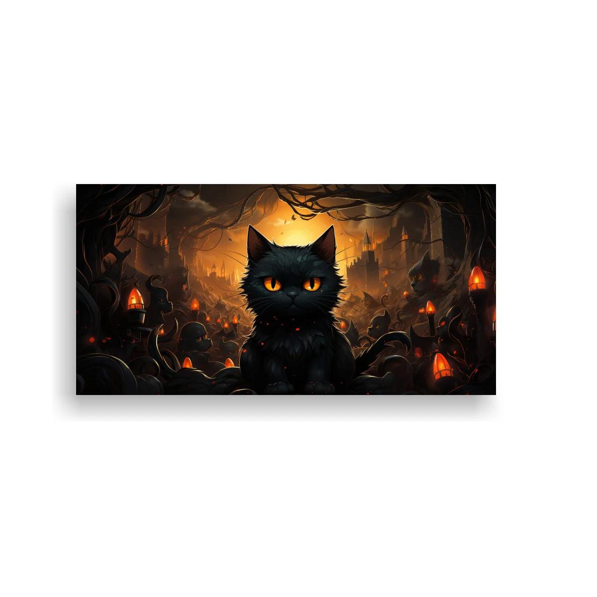 Cuadro gato negro de ojos anaranjados con calabazas luminosas