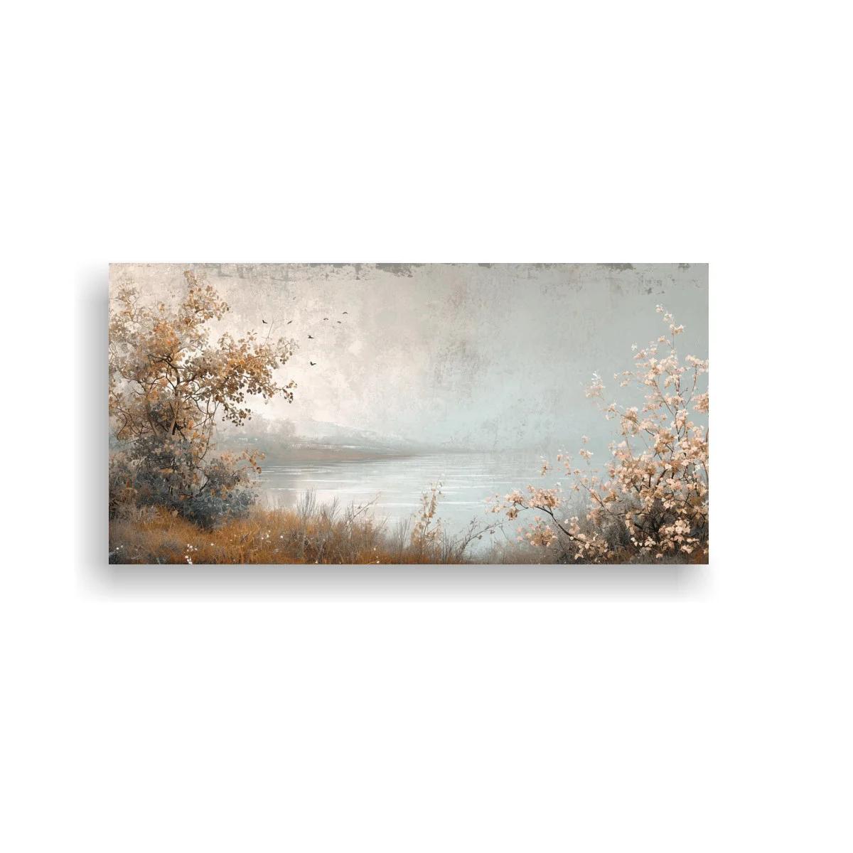Cuadro paisaje de lago con arbustos en flor y bruma