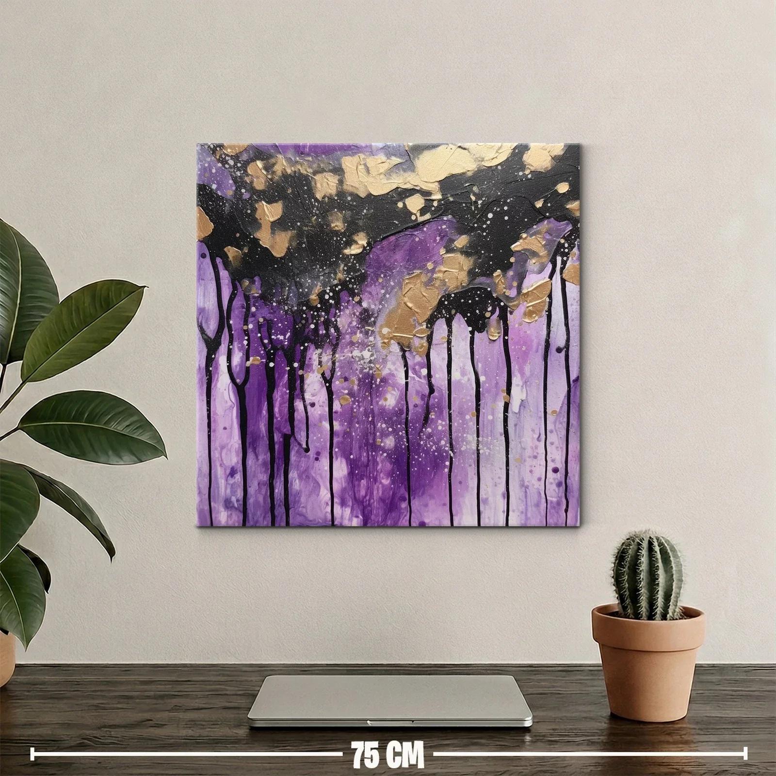 Cuadro abstracto con tonos violetas y detalles dorados — miniatura 2