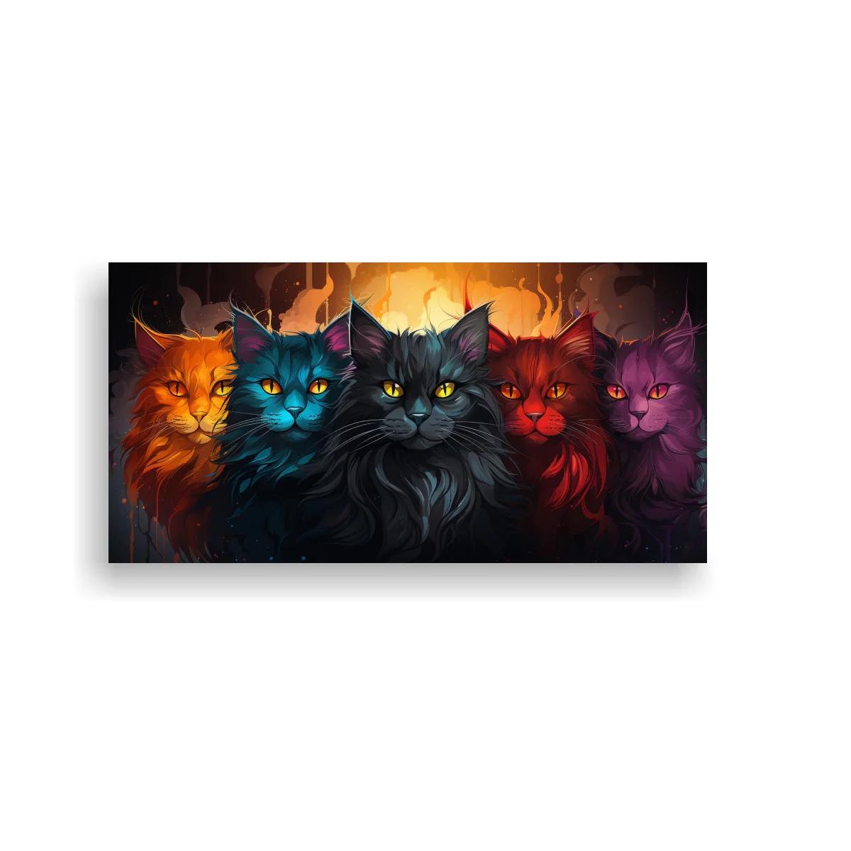 Cuadro grupo de gatos de ojos brillantes con gato negro protagonista