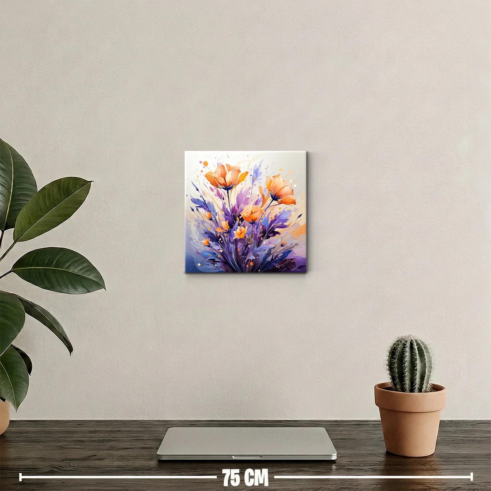 Cuadro moderno con flores en tonos naranja y púrpura — miniatura 2