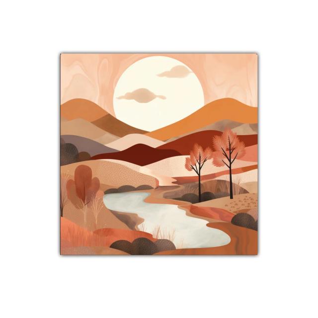 Paisaje sereno con colinas y río bajo puesta de sol cálida