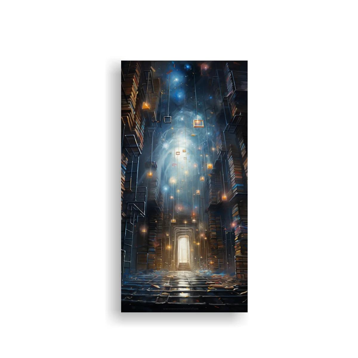 Cuadro biblioteca fantástica con puerta luminosa y libros flotantes