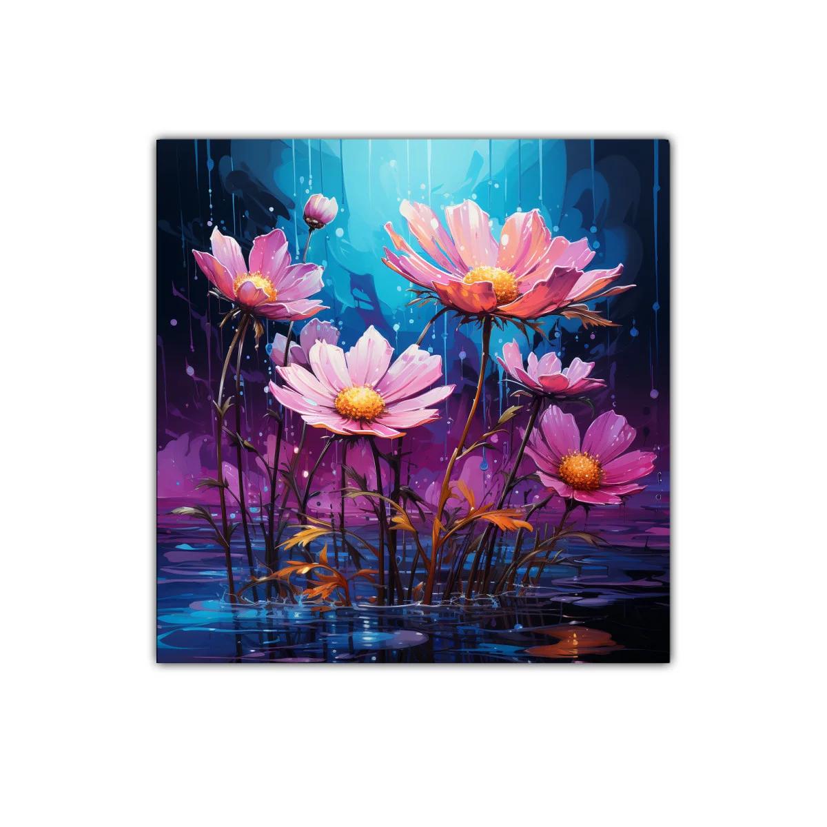 Flores rosadas sobre un fondo azul y púrpura vibrante — imagen principal