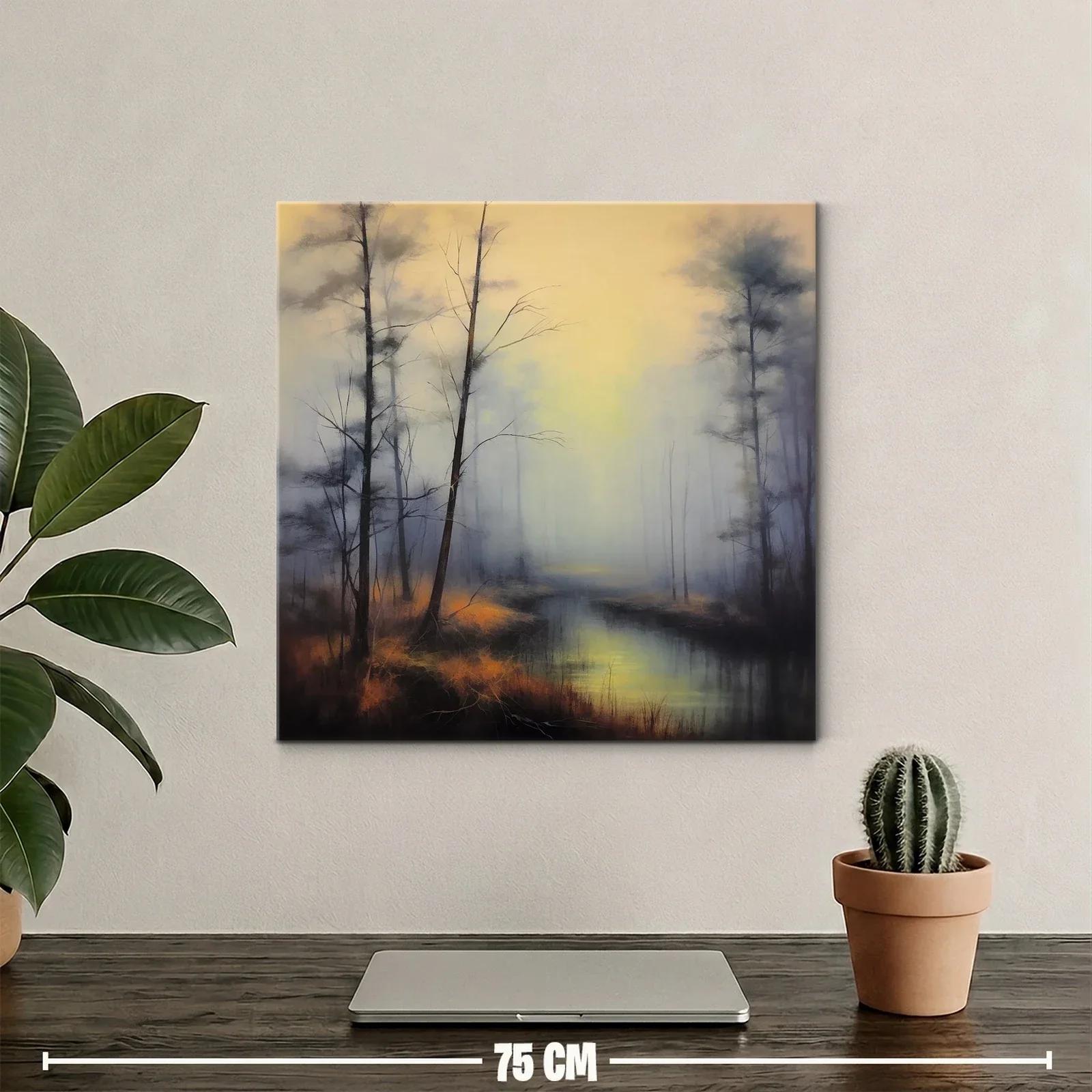 Paisaje brumoso con árboles y río reflejando luz tenue — miniatura 2