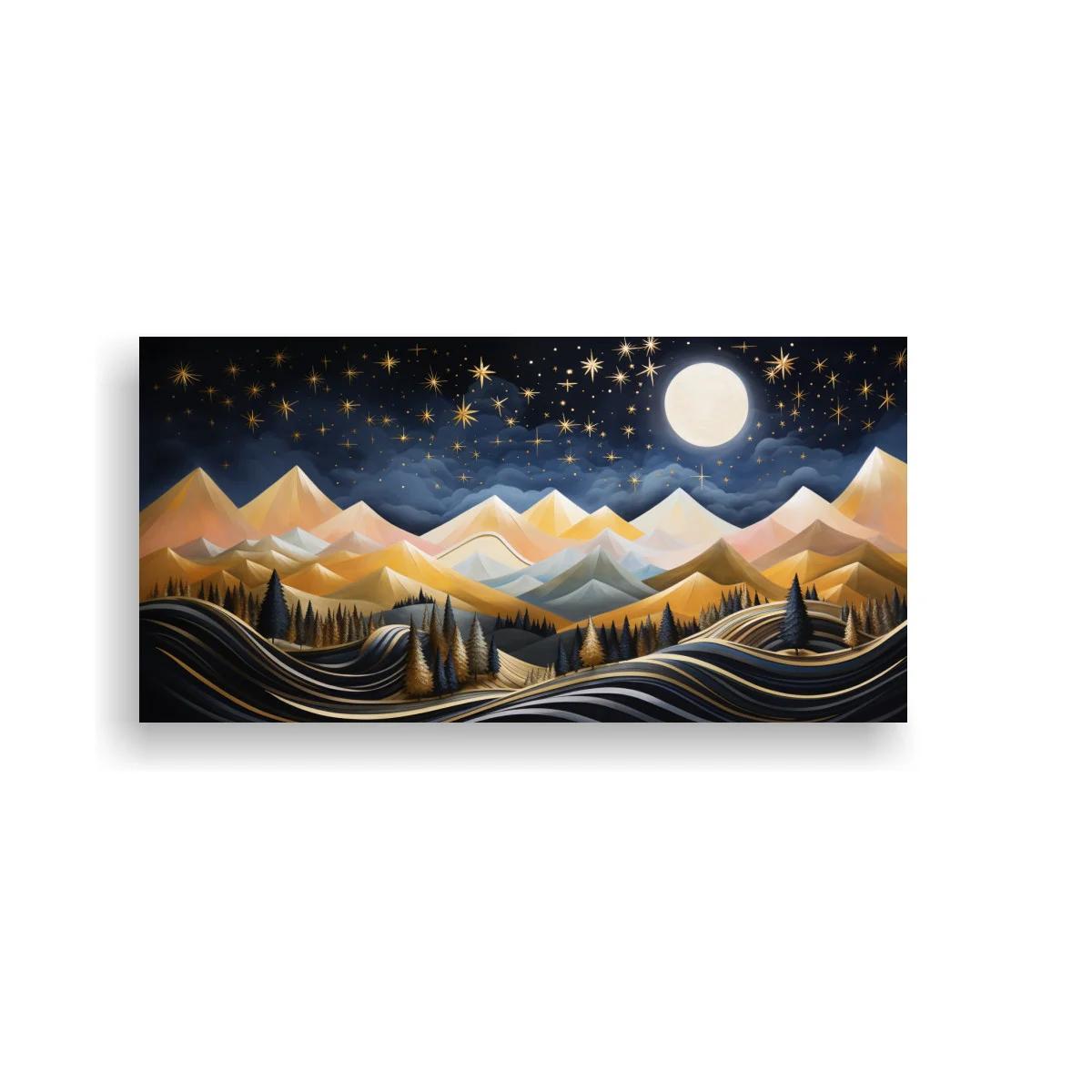 Cuadro paisaje de montañas nevadas con luna llena