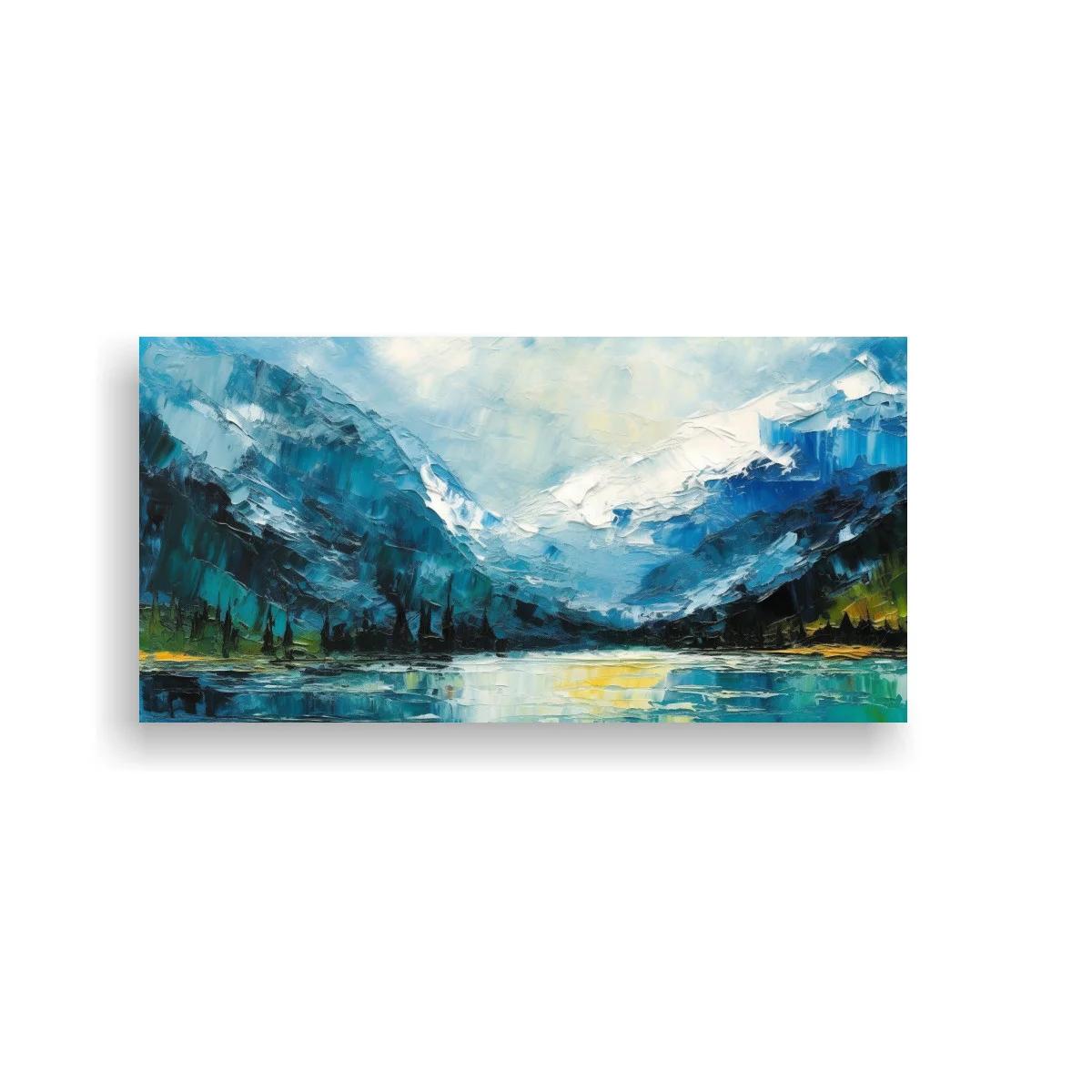 Cuadro lago de montaña con orilla boscosa