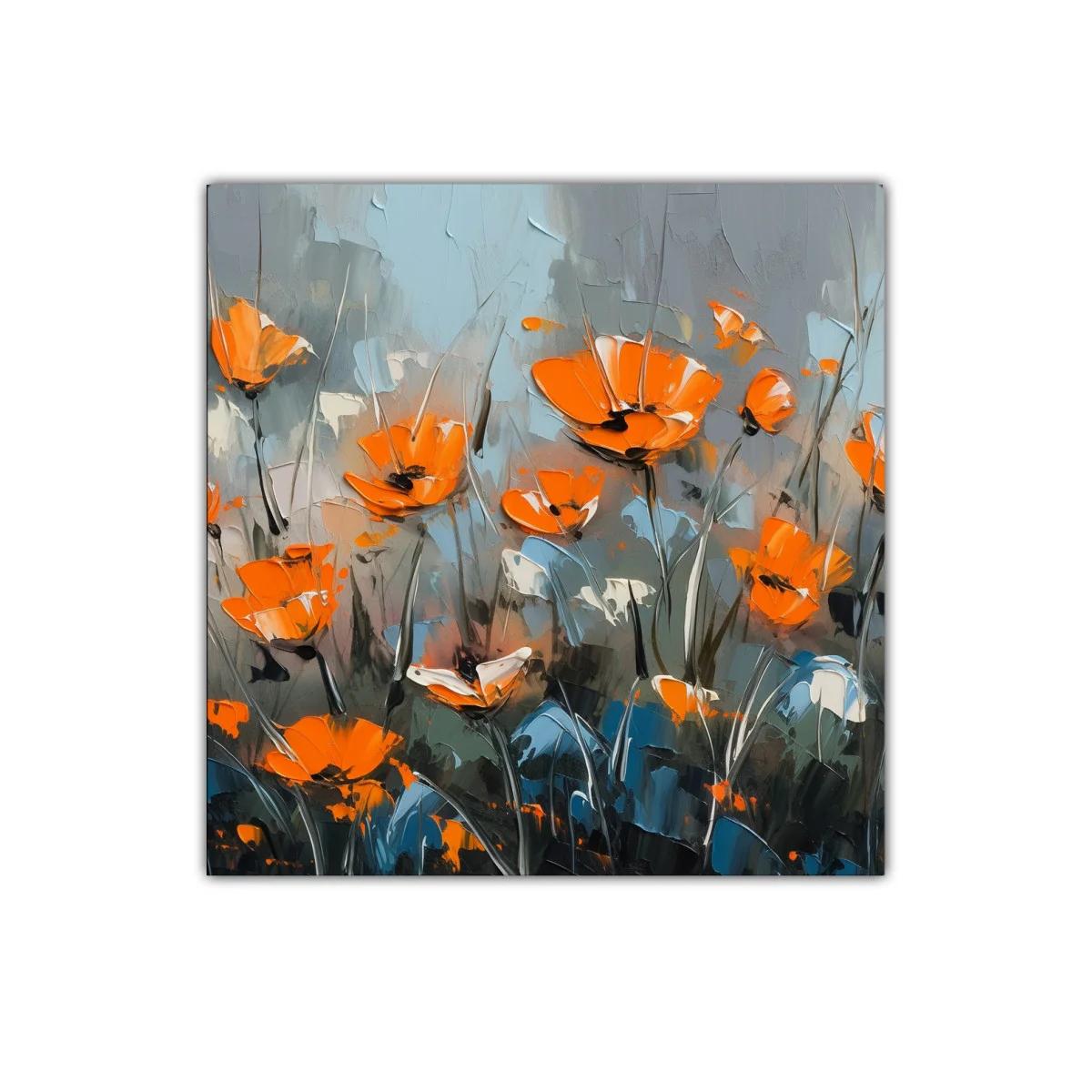 Cuadro decorativo flores naranjas sobre fondo gris y azul