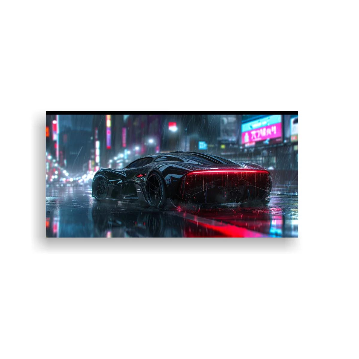 Cuadro coche deportivo futurista negro en calle lluviosa — imagen principal