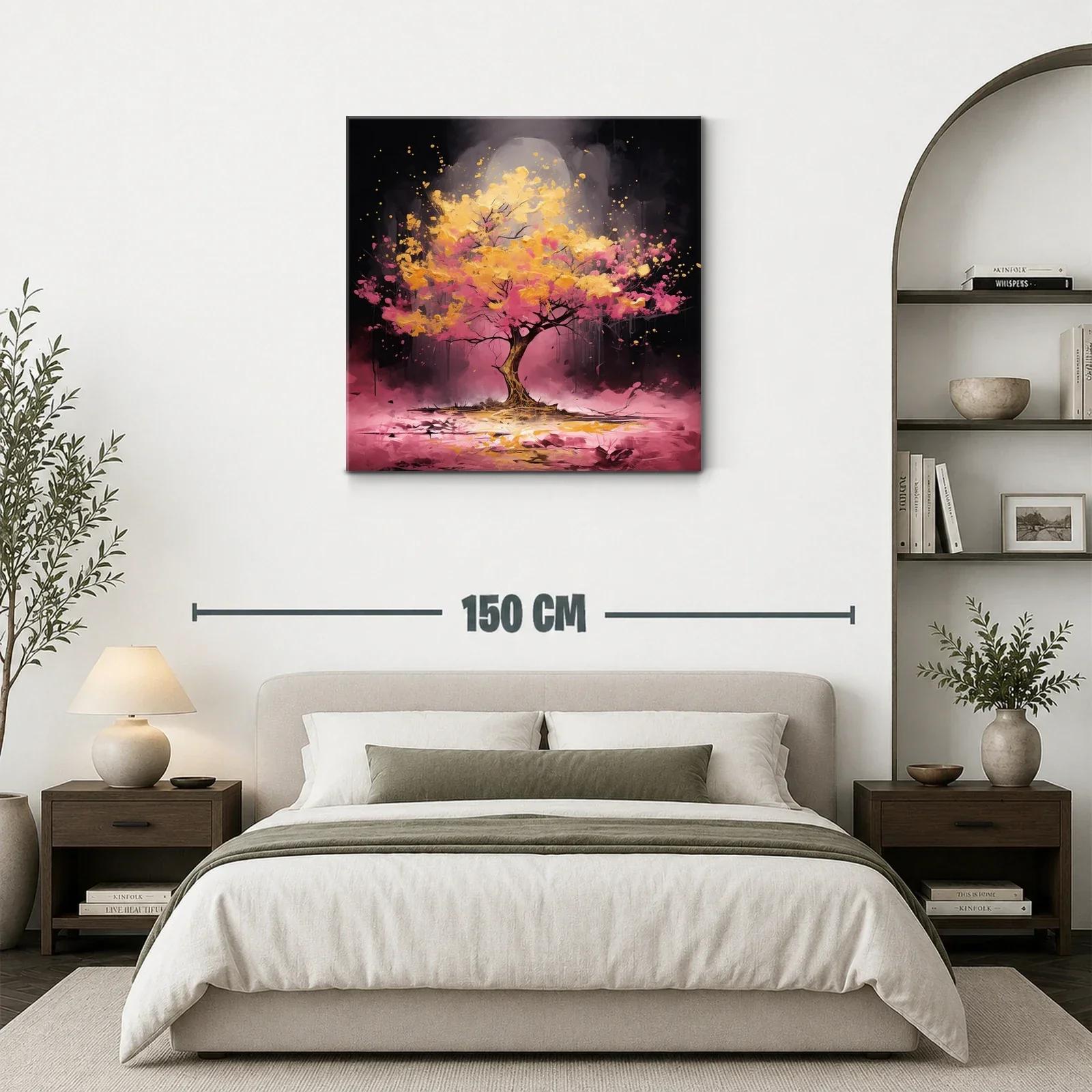 Árbol vibrante con tonos dorados y rosas en fondo oscuro — miniatura 3