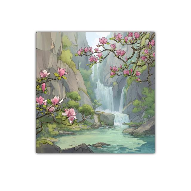 Paisaje sereno con cascada y flores rosadas en ribera