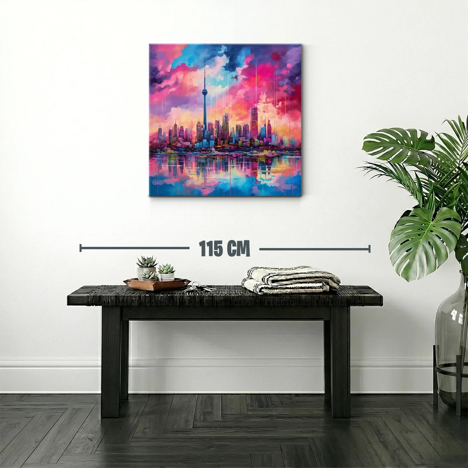 Atardecer vibrante sobre ciudad moderna y reflejos en agua — miniatura 2