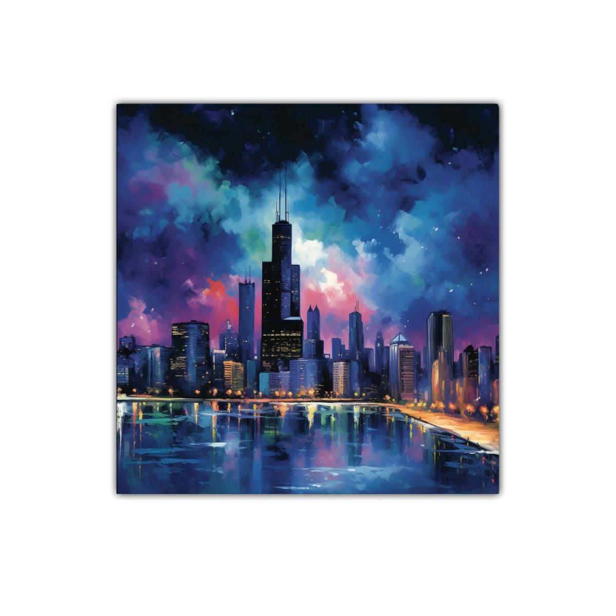 Ciudad nocturna con reflejos y cielo vibrante en azul y púrpura — imagen principal