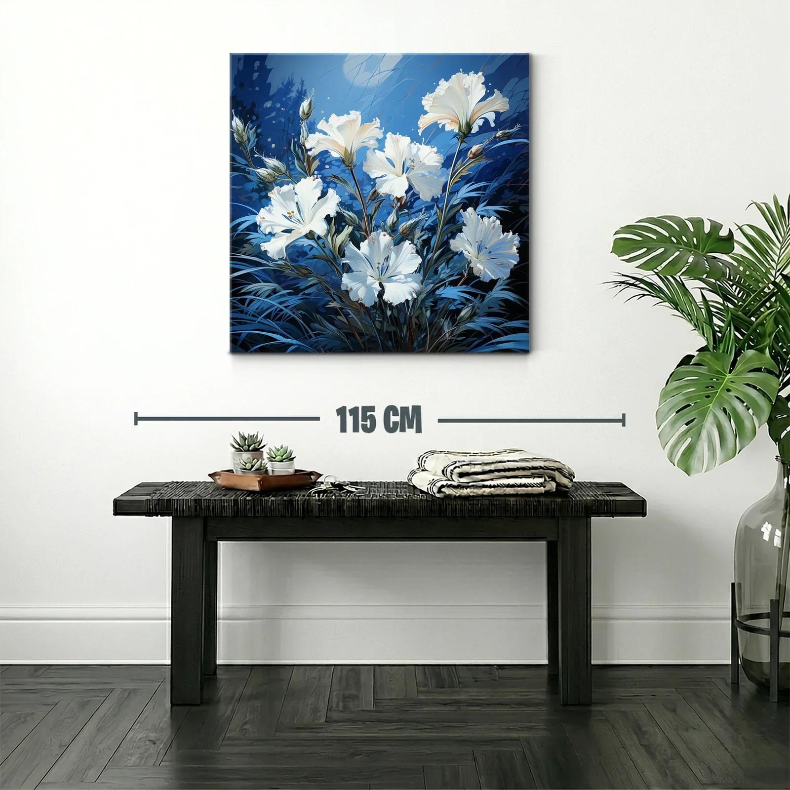 Cuadro con delicadas flores blancas sobre fondo azul — miniatura 2
