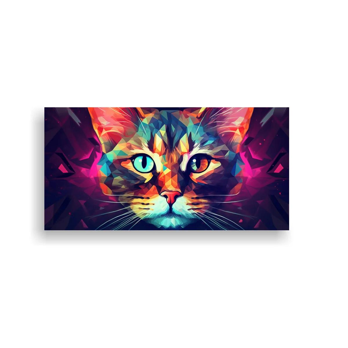 Cuadro cara de gato multicolor con formas geométricas abstractas