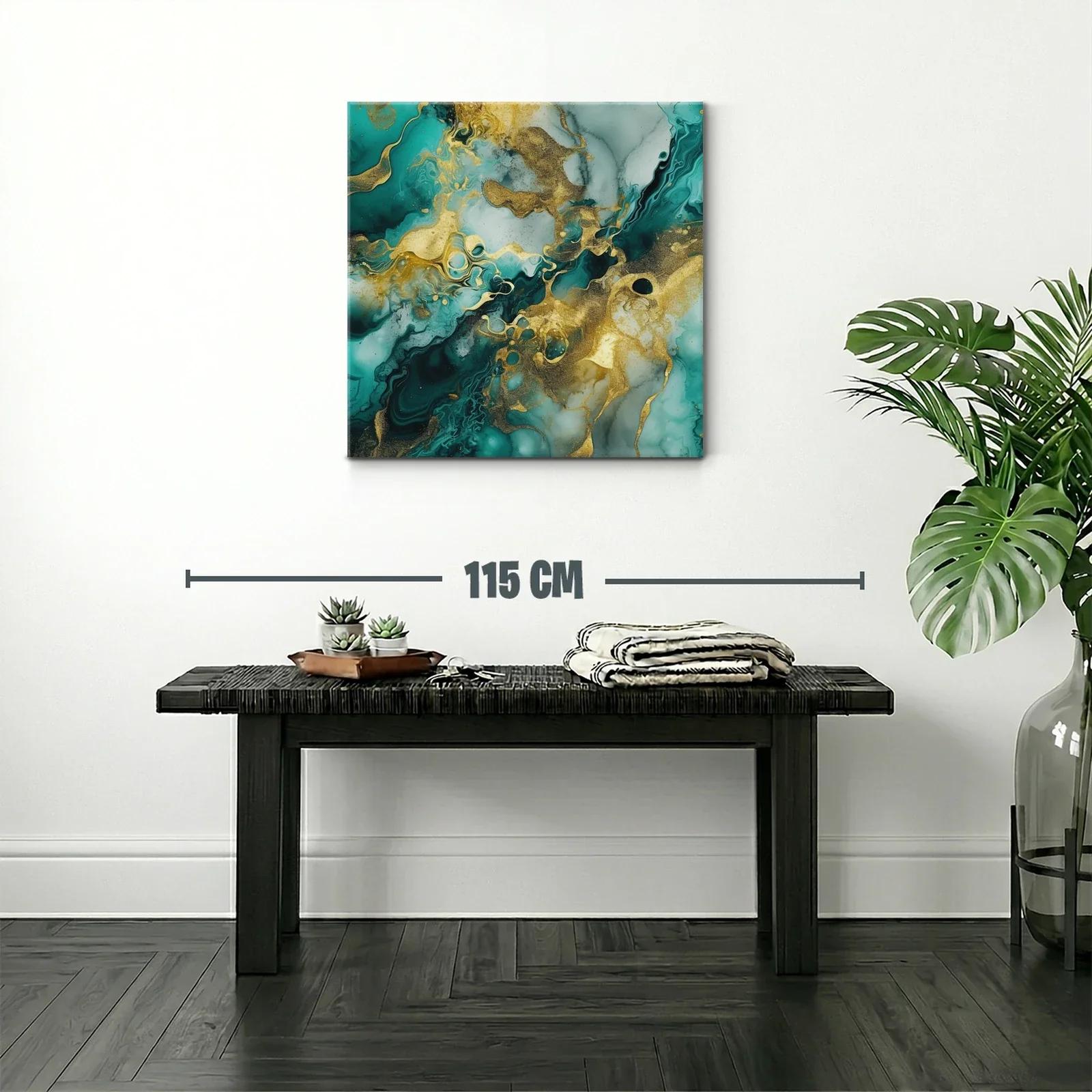 Cuadro abstracto con dorado y tonos verdes marinos vibrantes — miniatura 2