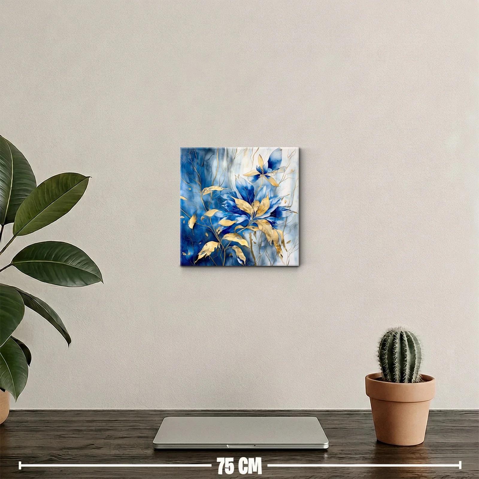Cuadro floral con contrastes en azul y dorado elegante — miniatura 2