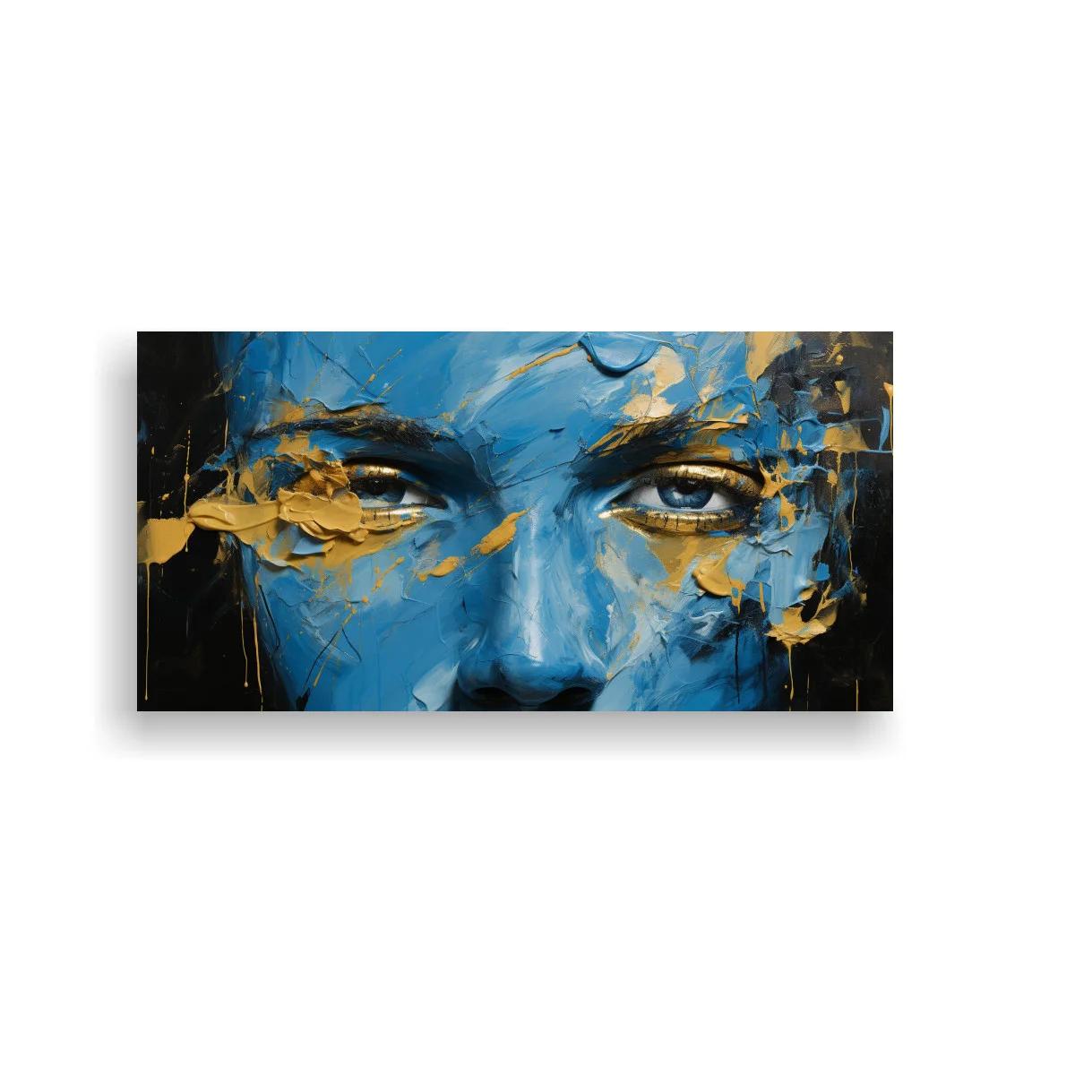 Cuadro rostro humano azul con textura espatulada y dorado — imagen principal