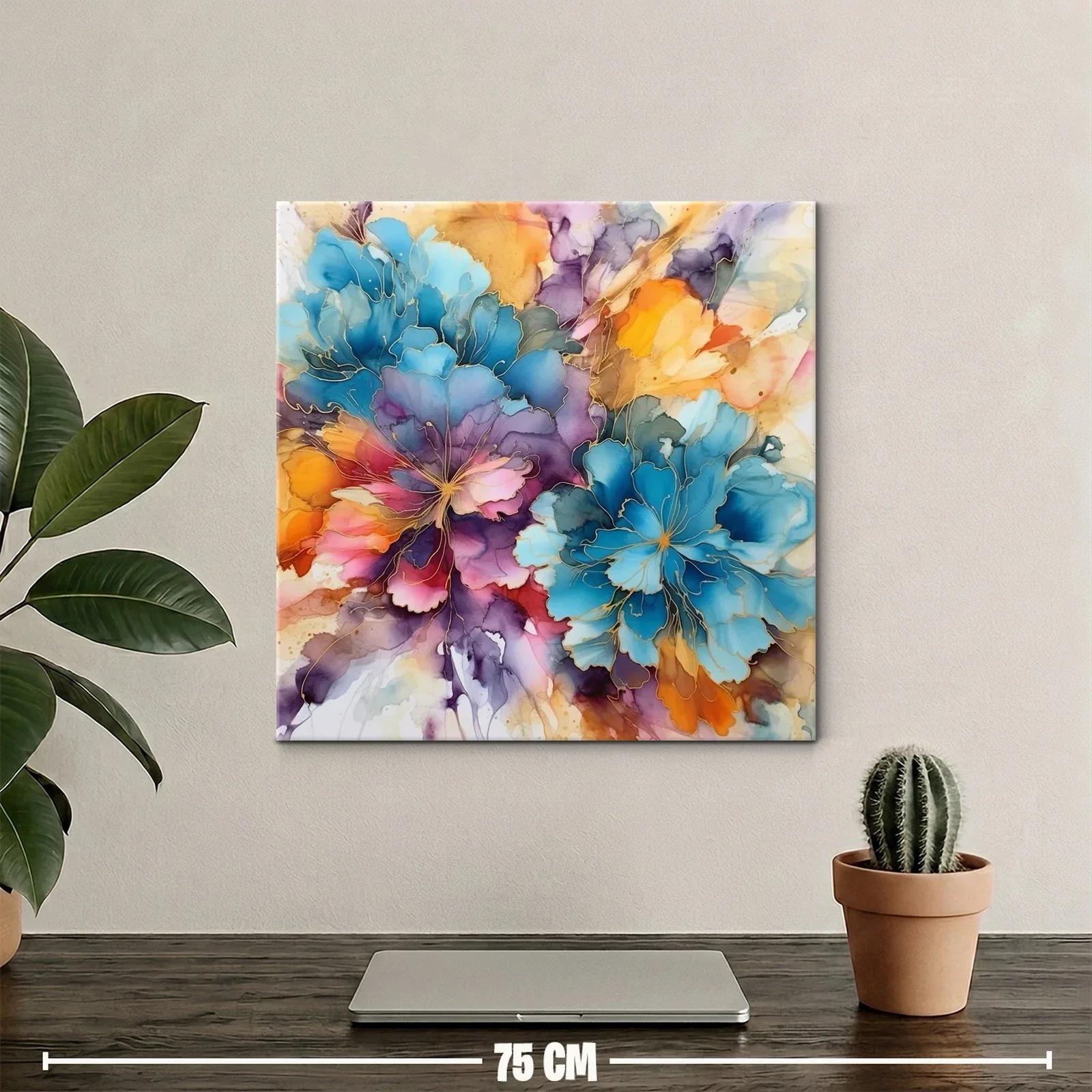 Cuadro floral abstracto en vibrantes tonos azul y naranja — miniatura 2