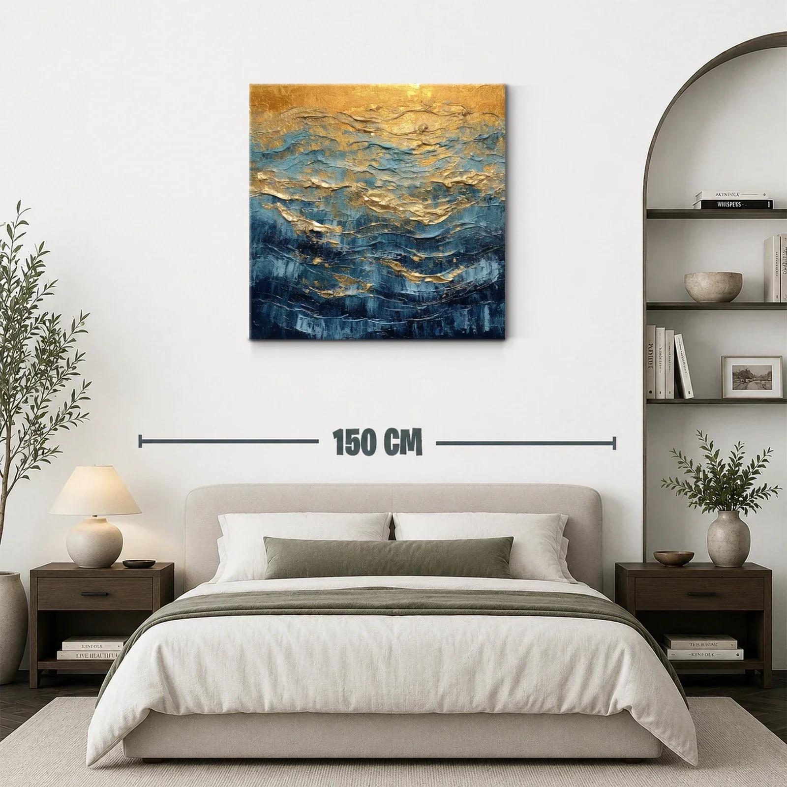 Cuadro abstracto con tonos dorados y azules vibrantes — miniatura 3
