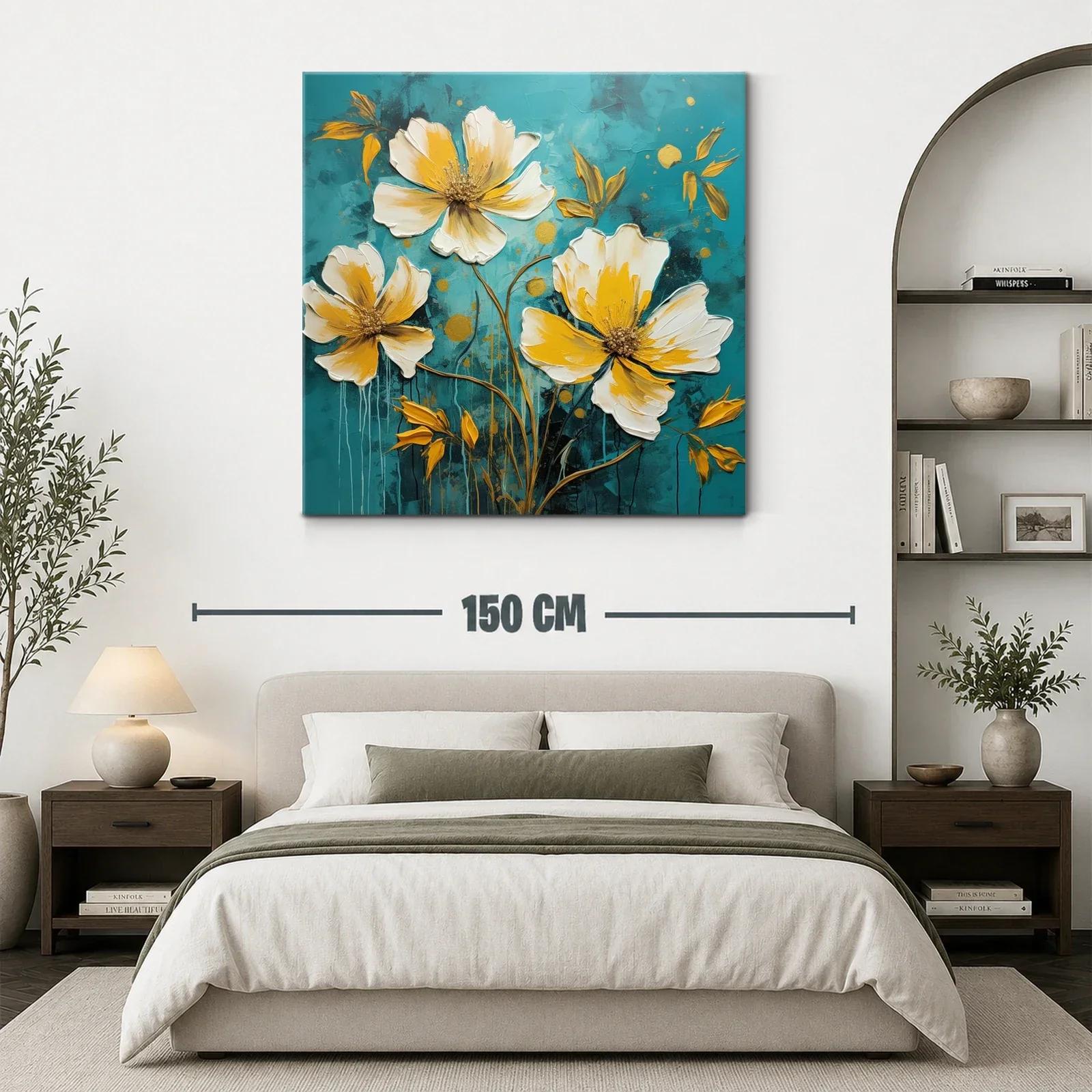 Cuadro floral moderno en tonos cálidos y fondo azul profundo — miniatura 3