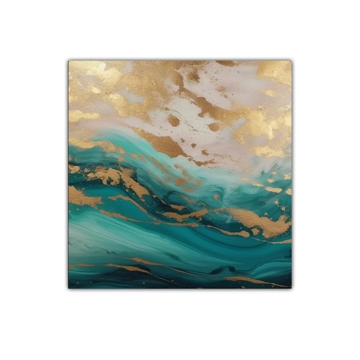 Cuadro abstracto con efecto dorado y tonos turquesa y azul — miniatura 1