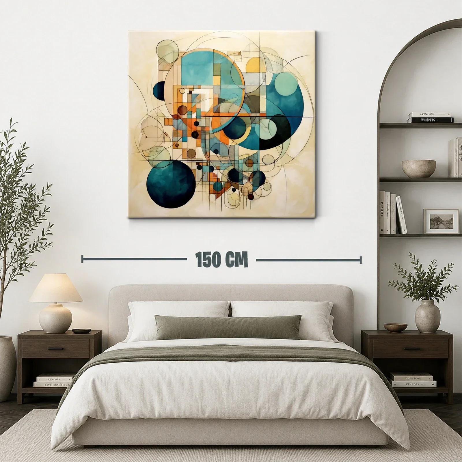 Cuadro abstracto de círculos geométricos en tonos azules y ocres — miniatura 3
