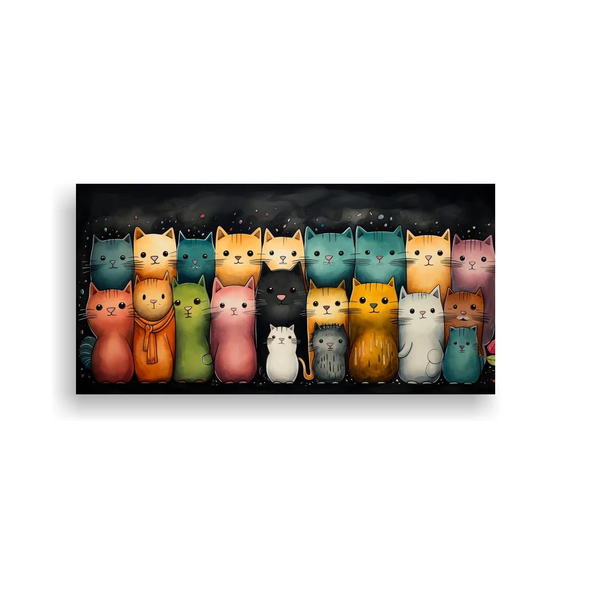 Cuadro fila compacta de gatos sentados con flores diminutas — imagen principal