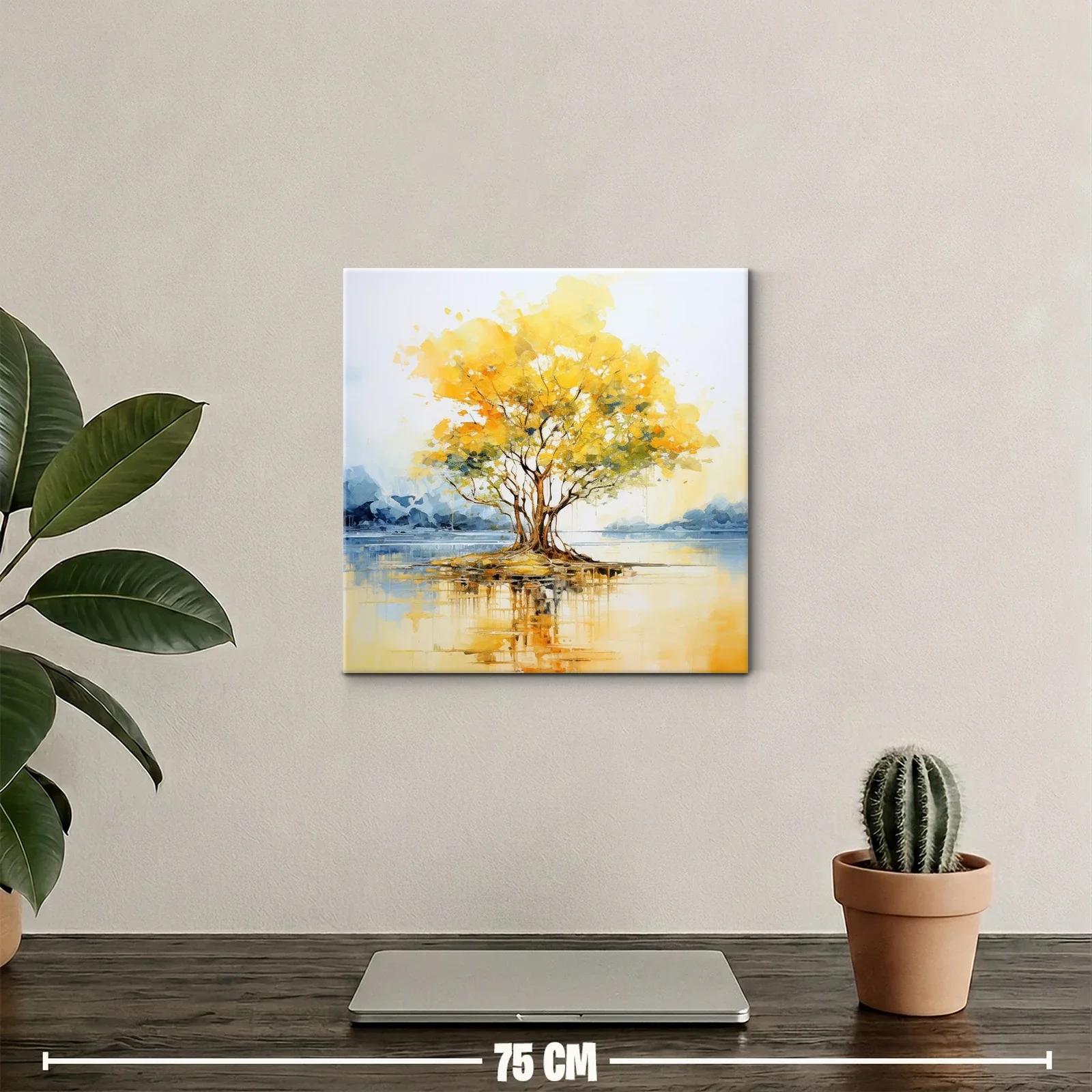 Árbol dorado brillante sobre reflejo de agua serena — miniatura 2