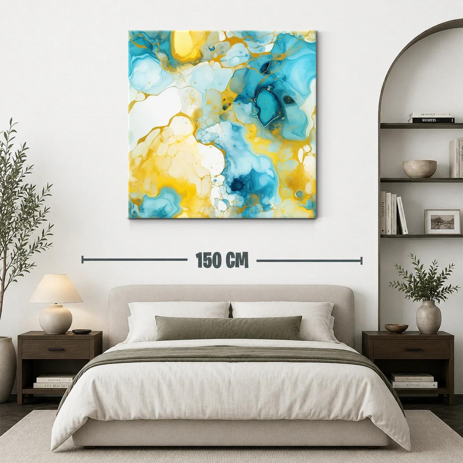Cuadro abstracto con tonos azules y dorados vibrantes — miniatura 3