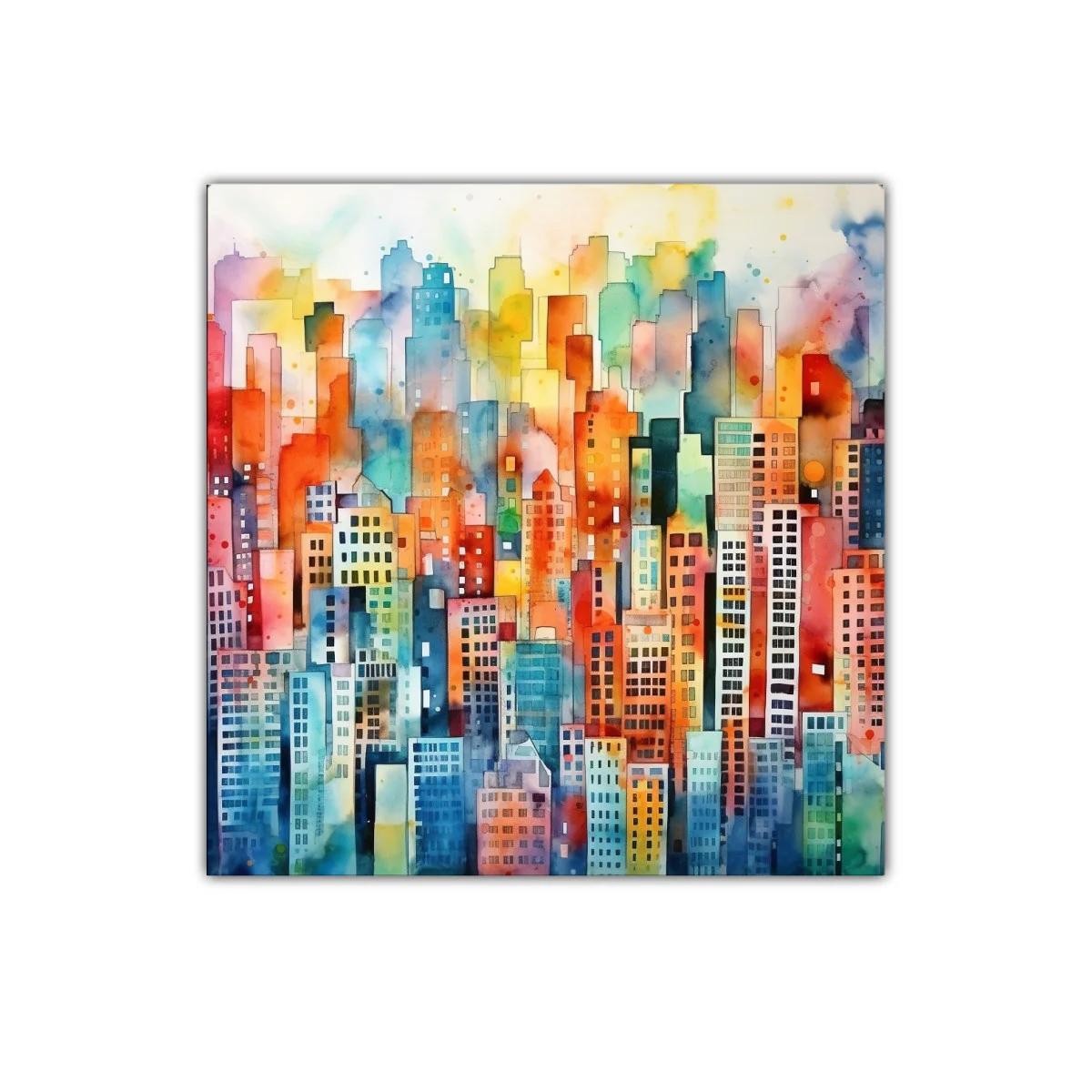Ciudad vibrante con rascacielos en colores intensos y difuminados — miniatura 1