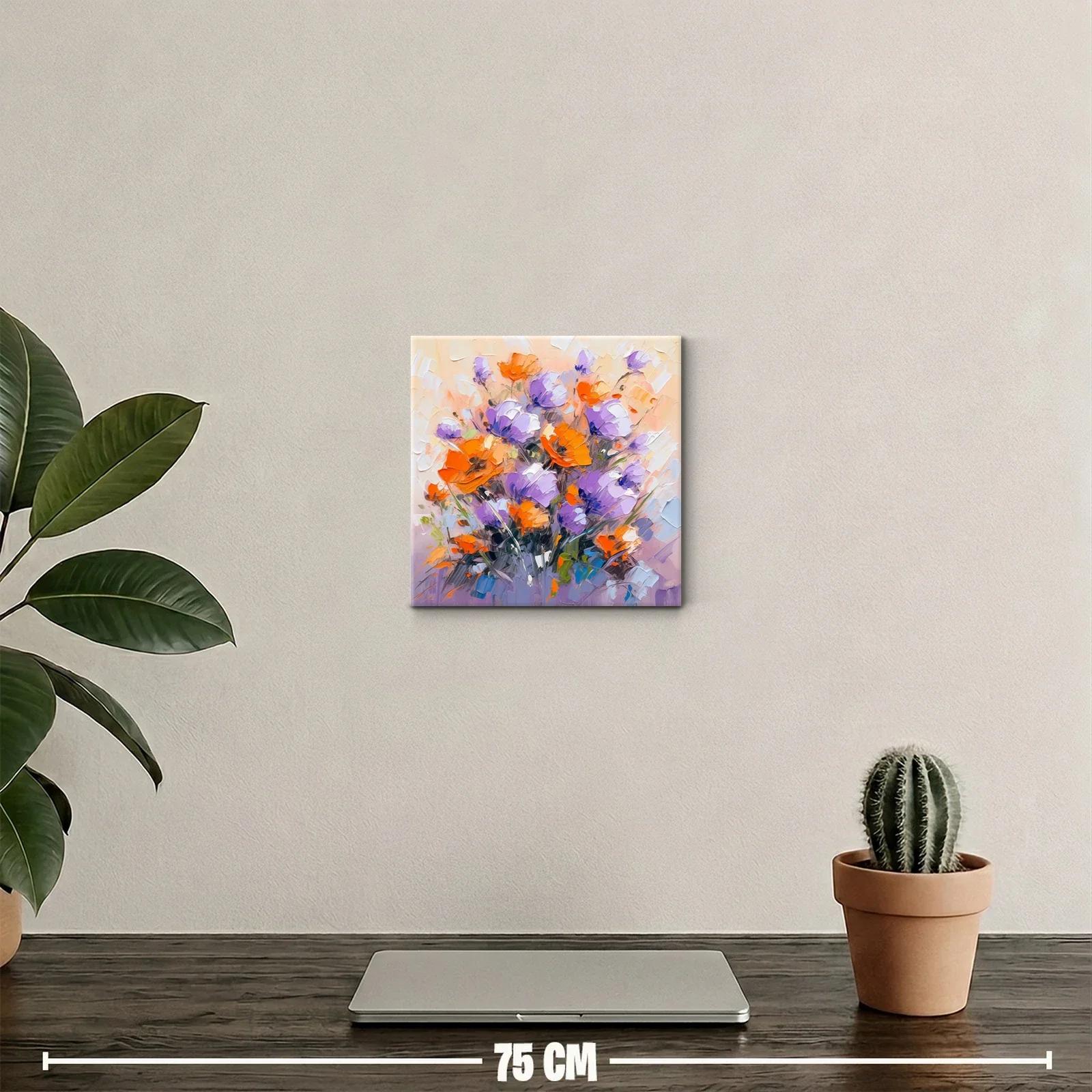 Cuadro decorativo vibrante con flores en tonos morados y naranjas — miniatura 2