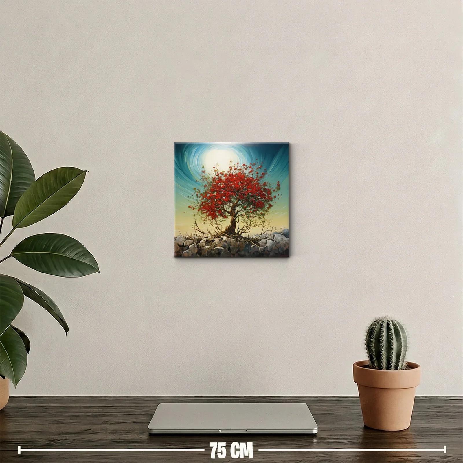 Árbol rojo vibrante sobre rocas con cielo luminoso — miniatura 2