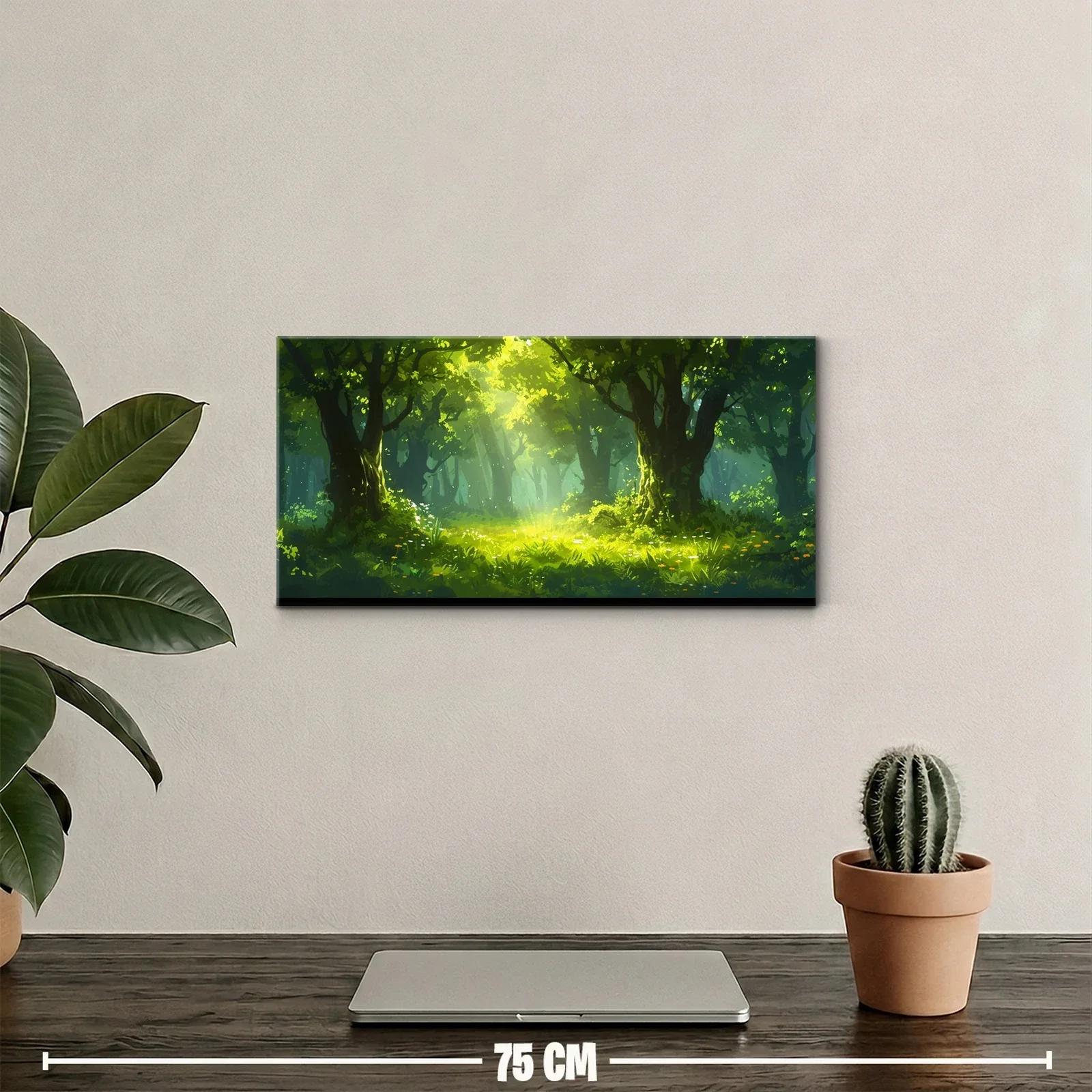 Cuadro bosque iluminado con rayos de luz y neblina — miniatura 2