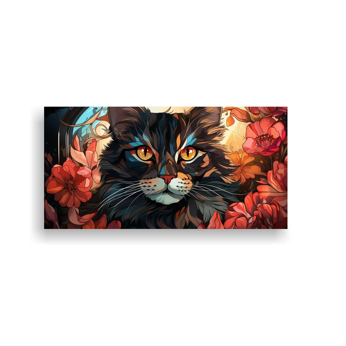 Cuadro gato negro de ojos ámbar entre flores y follaje — imagen principal