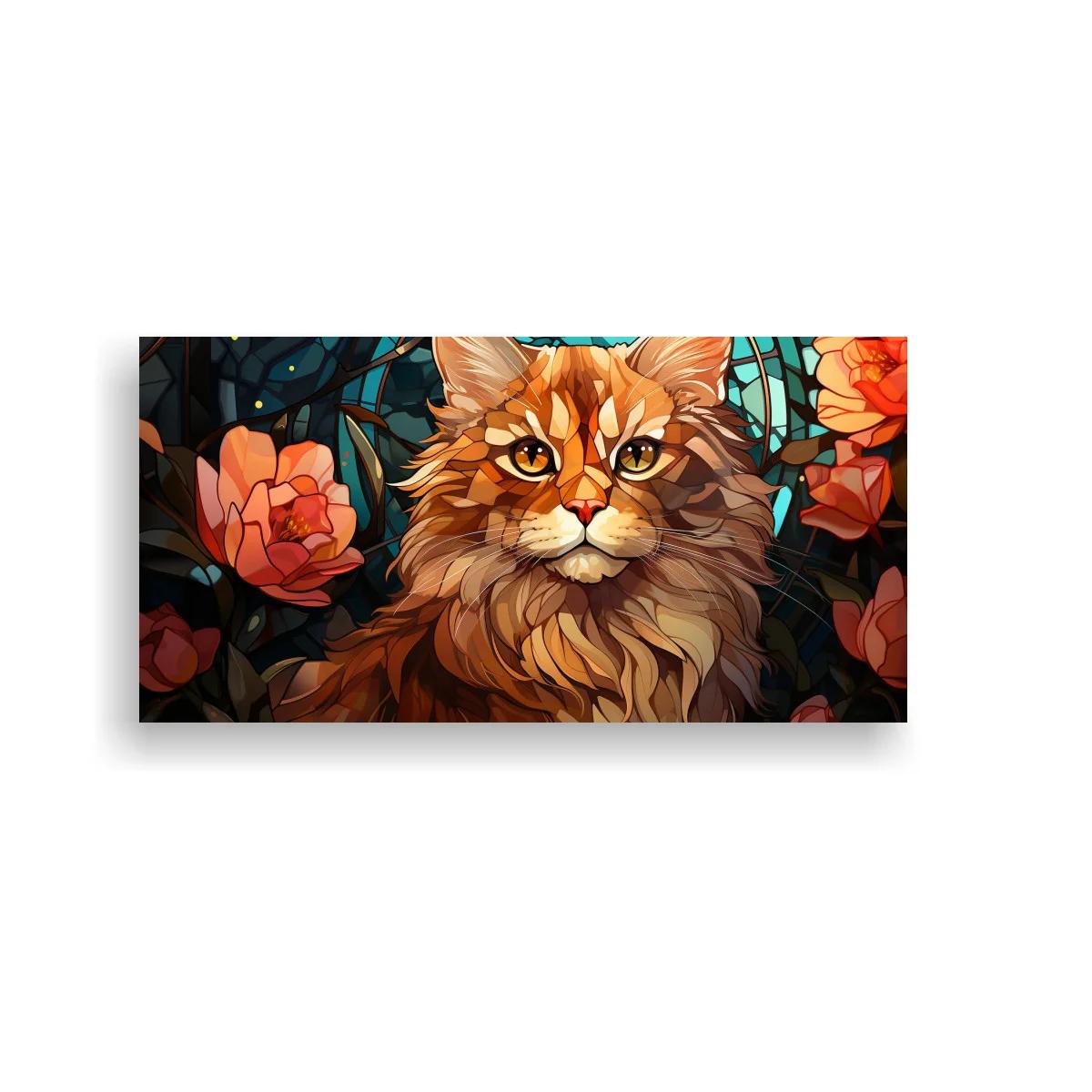 Cuadro gato naranja de pelo largo con fondo tipo vidriera — imagen principal