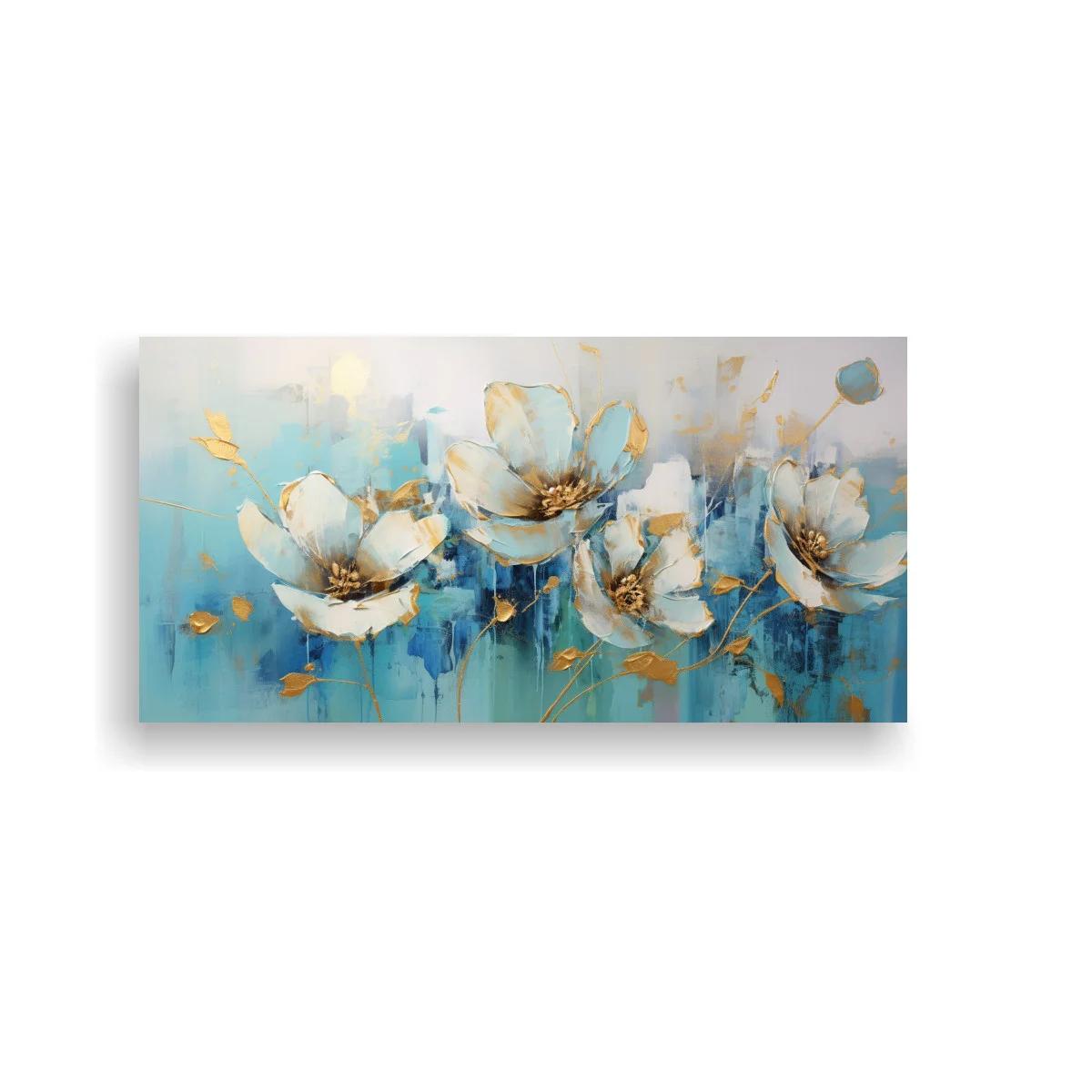 Cuadro magnolias blancas con fondo turquesa y dorado — imagen principal