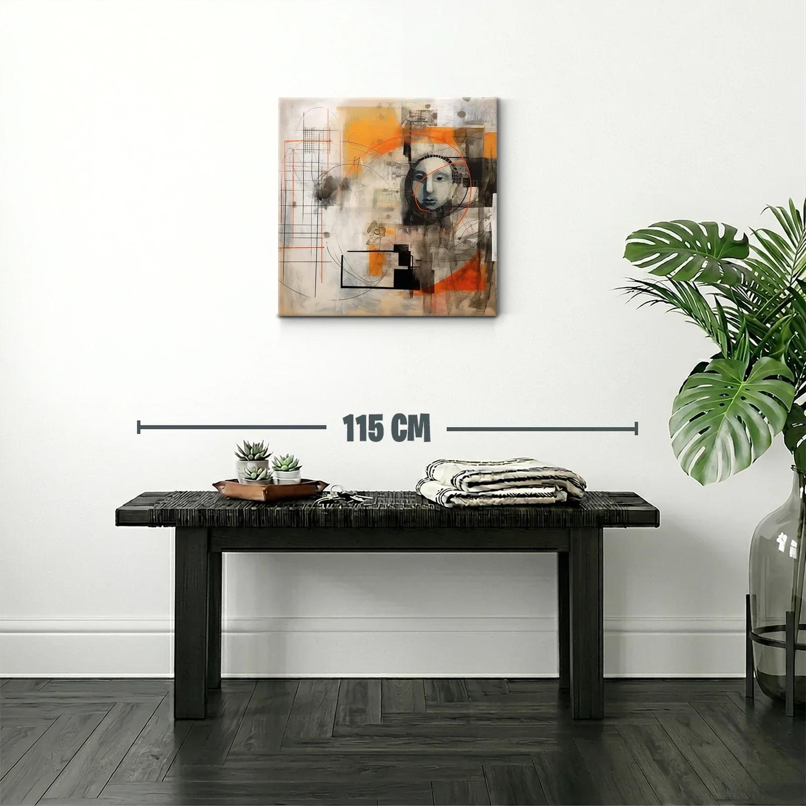 Cuadro abstracto con rostro y formas geométricas naranja y negro — miniatura 2
