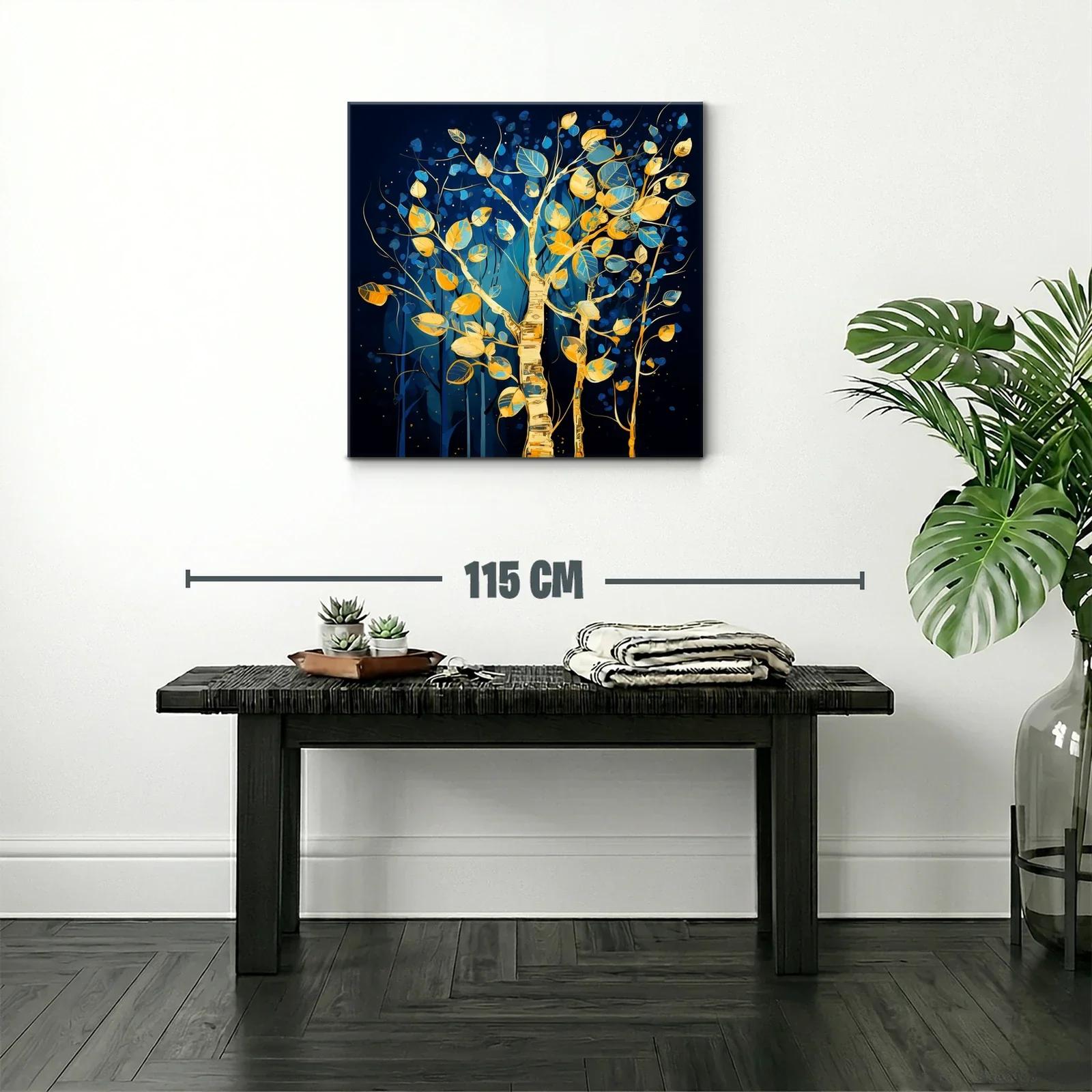 Árbol dorado con hojas azules y amarillas sobre fondo oscuro — miniatura 2