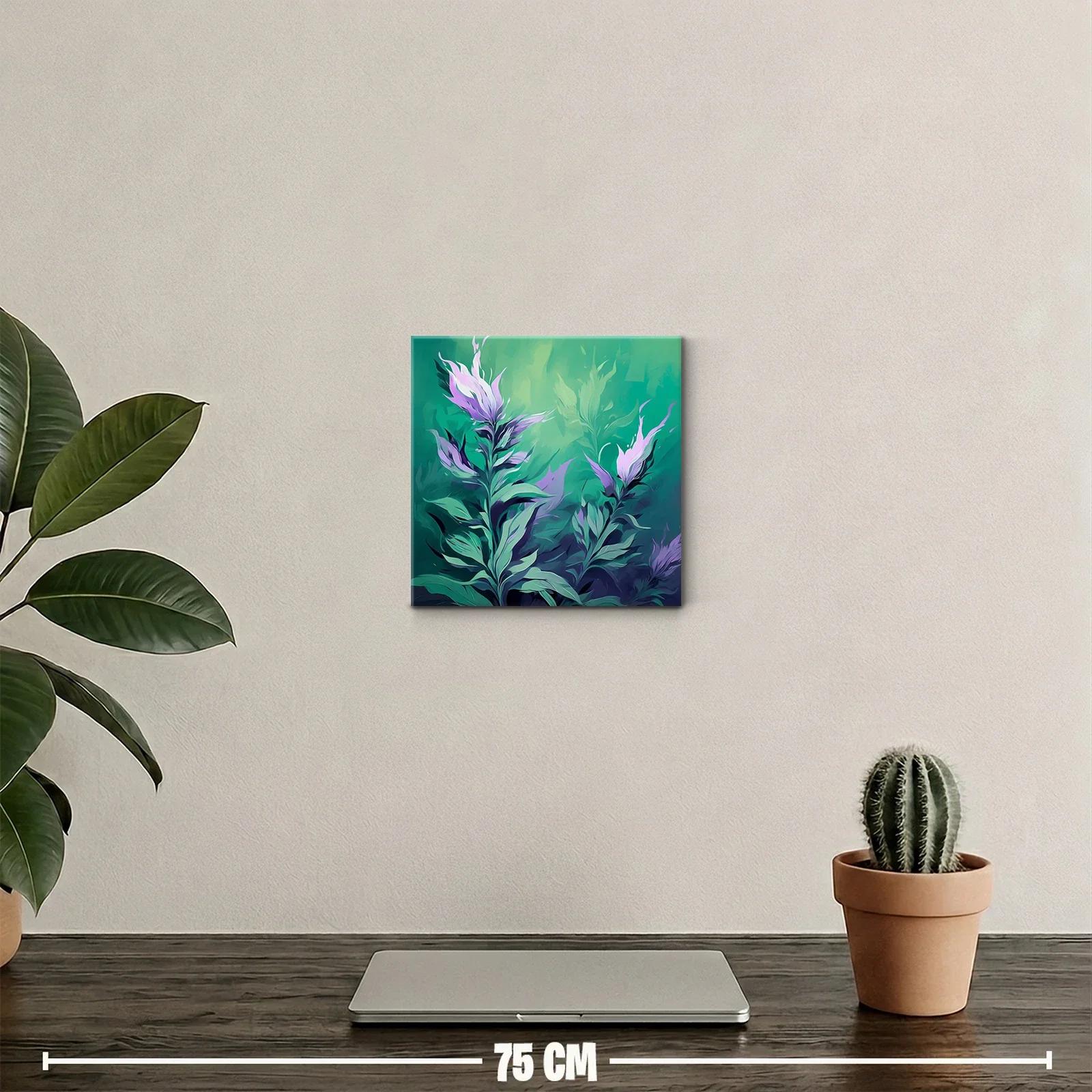 Cuadro decorativo con flores abstractas en tonos verdes y lilas — miniatura 2
