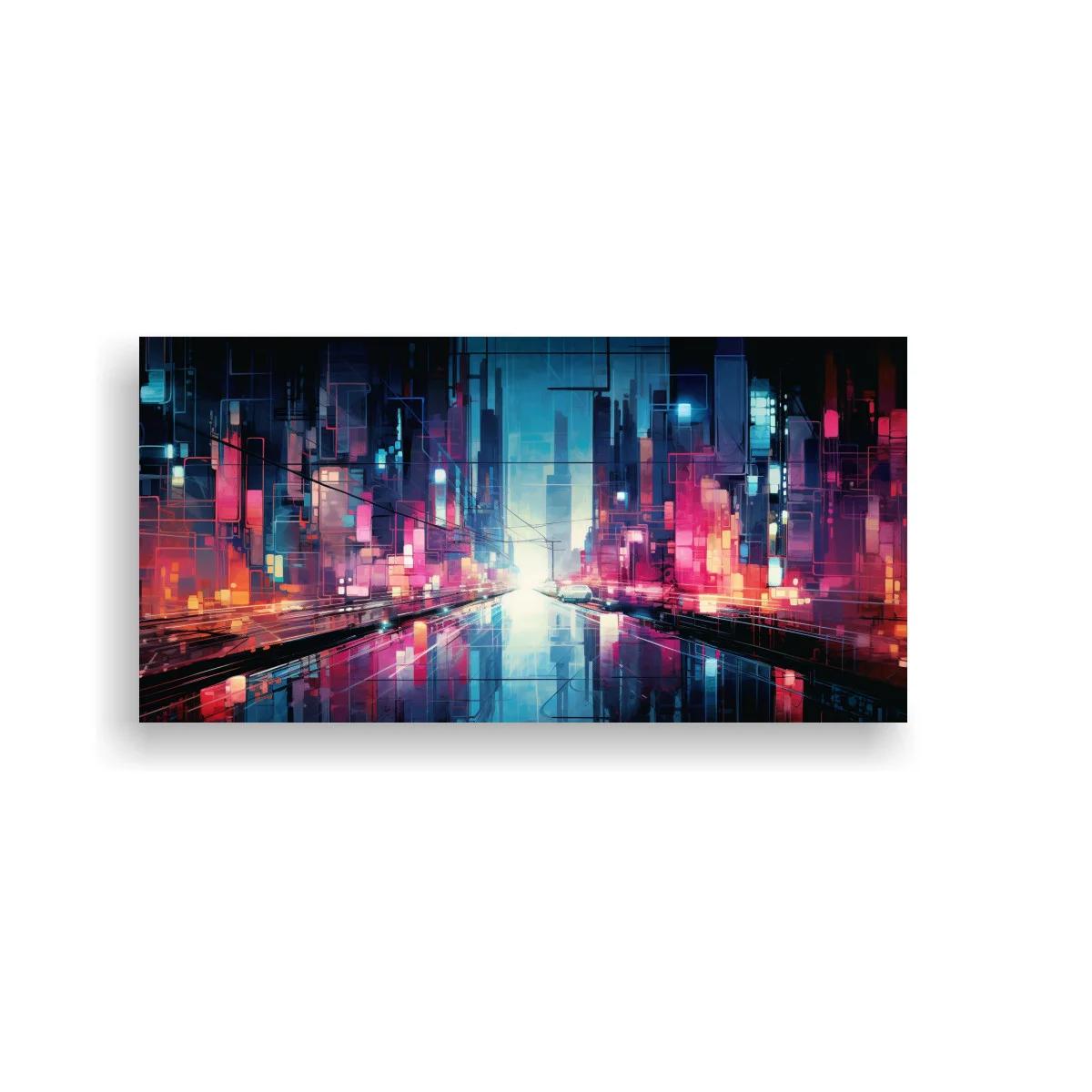 Cuadro calle urbana futurista con punto de luz central y reflejos — imagen principal